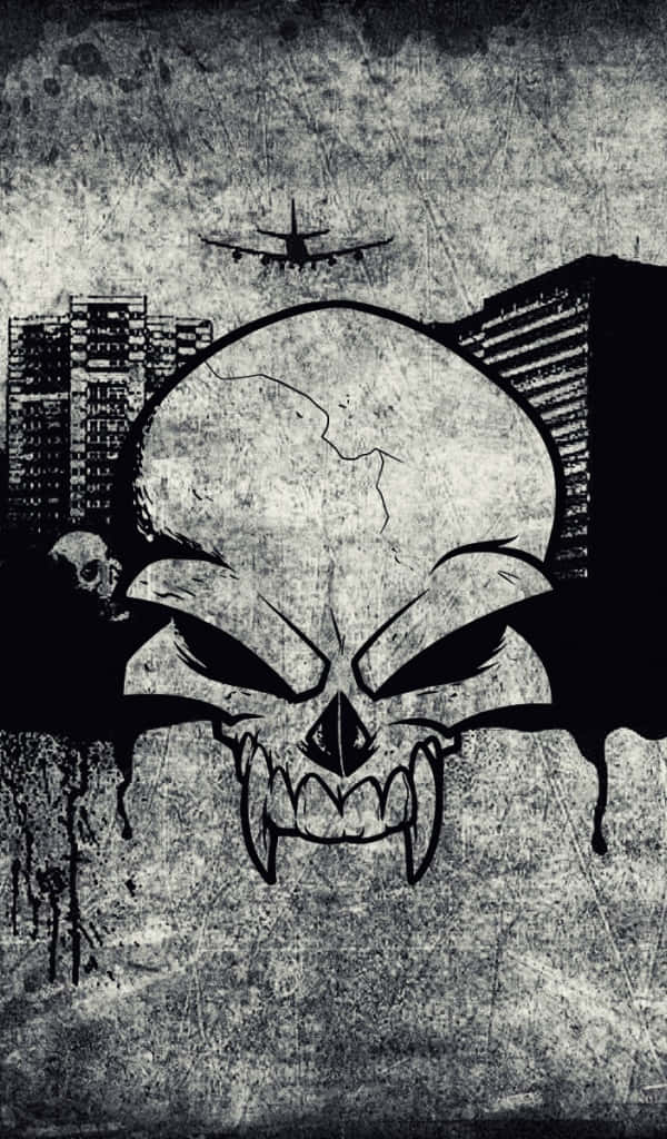 Evil Skull, gritty urban skyline, flying plane, SD Phone Wallpaper