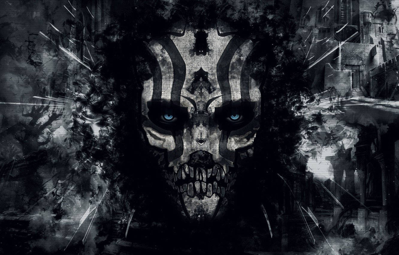 Evil Skull, glowing blue eyes, dark, crumbling cityscape, HD Desktop Wallpaper