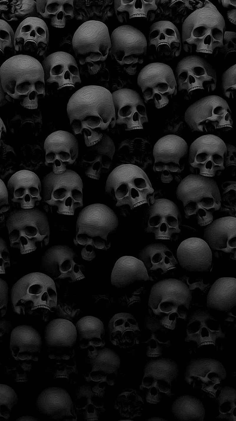 black horror, pile of skulls, monochrome skulls, HD Phone Wallpaper