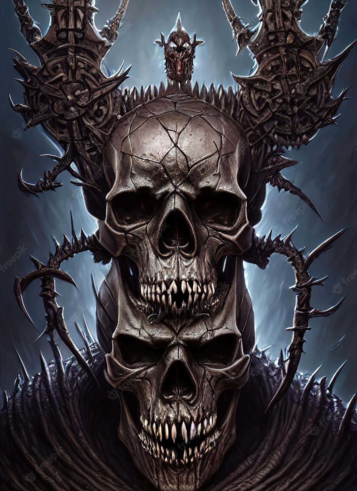 Evil Skull, demonic skull, jagged thorned horns, Full HD Phone Wallpaper