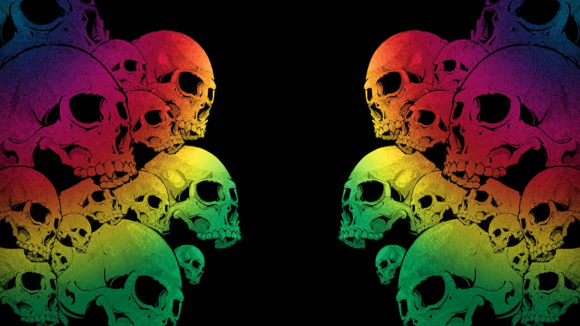 colorful skull, rainbow-colored skulls, mirrored symmetry, Full HD Desktop Wallpaper