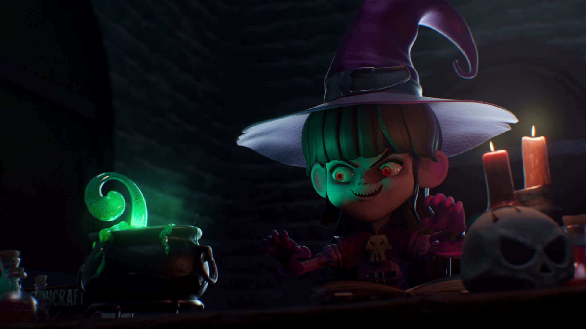 Evil Witch, glowing green eyes, purple hat, Full HD Desktop Wallpaper