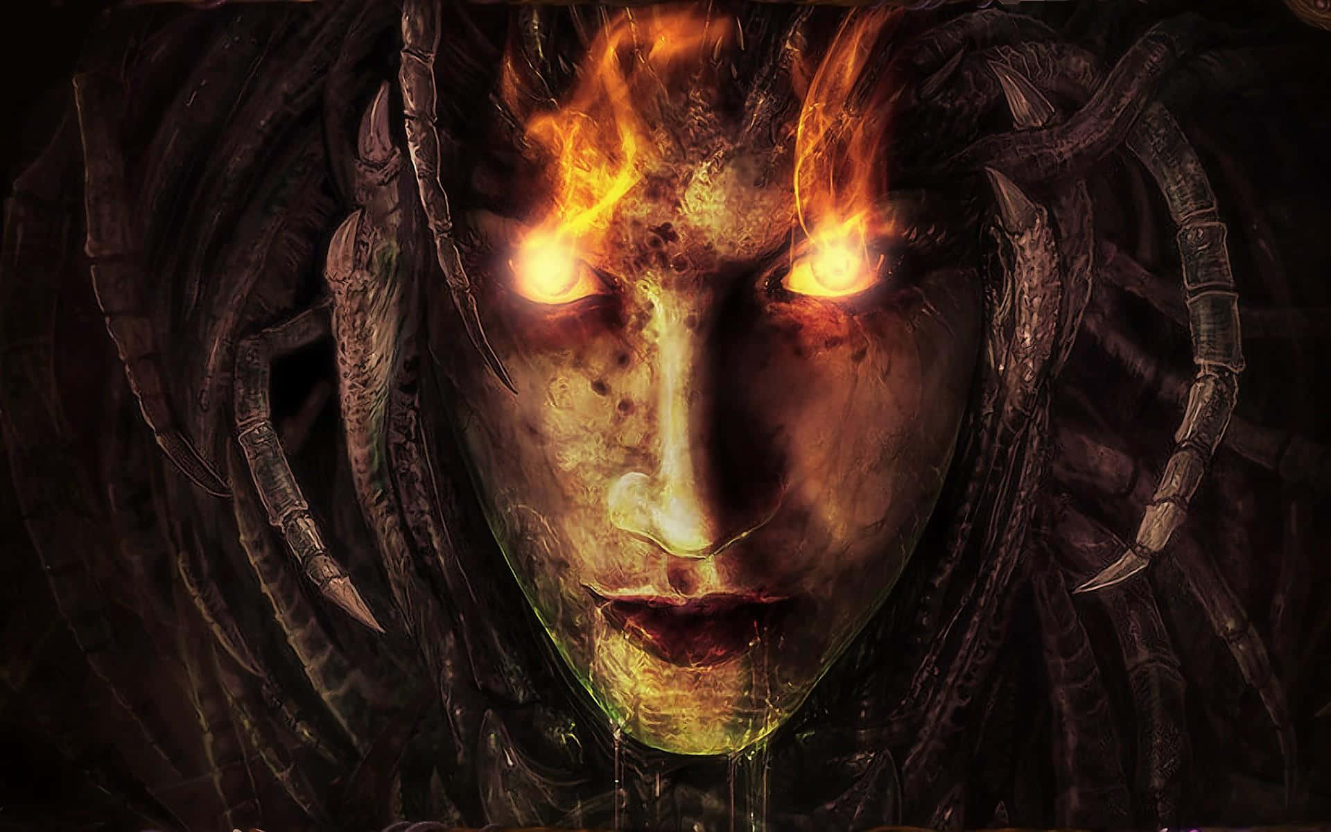 Evil Witch, demonic face, glowing fiery eyes, Full HD Desktop Wallpaper