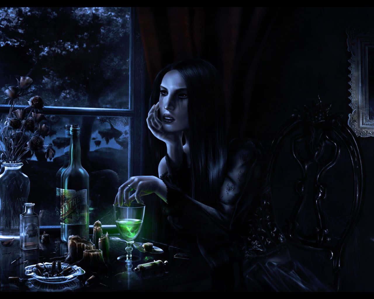 Evil Witch, dimly lit table, glowing green drink, HD Desktop Wallpaper