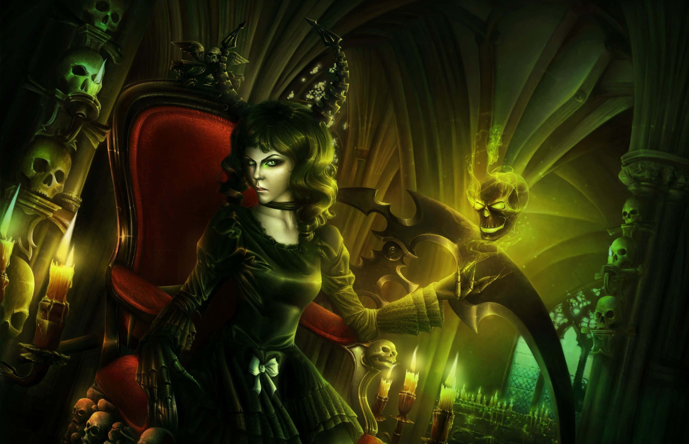 Evil Witch, gothic queen, glowing green eyes, 2K Desktop Wallpaper