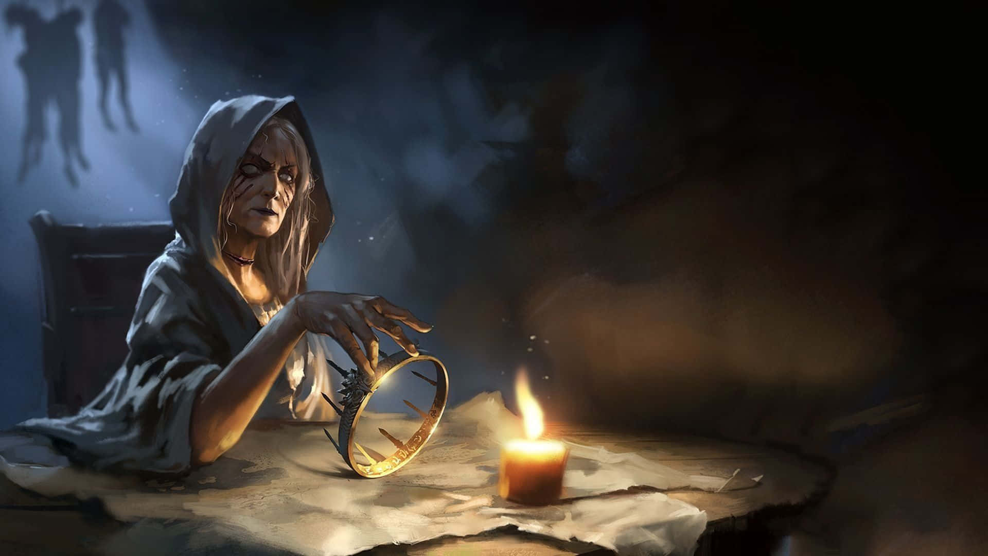 Evil Witch, glowing crystal ball, candlelit table, Full HD Desktop Wallpaper