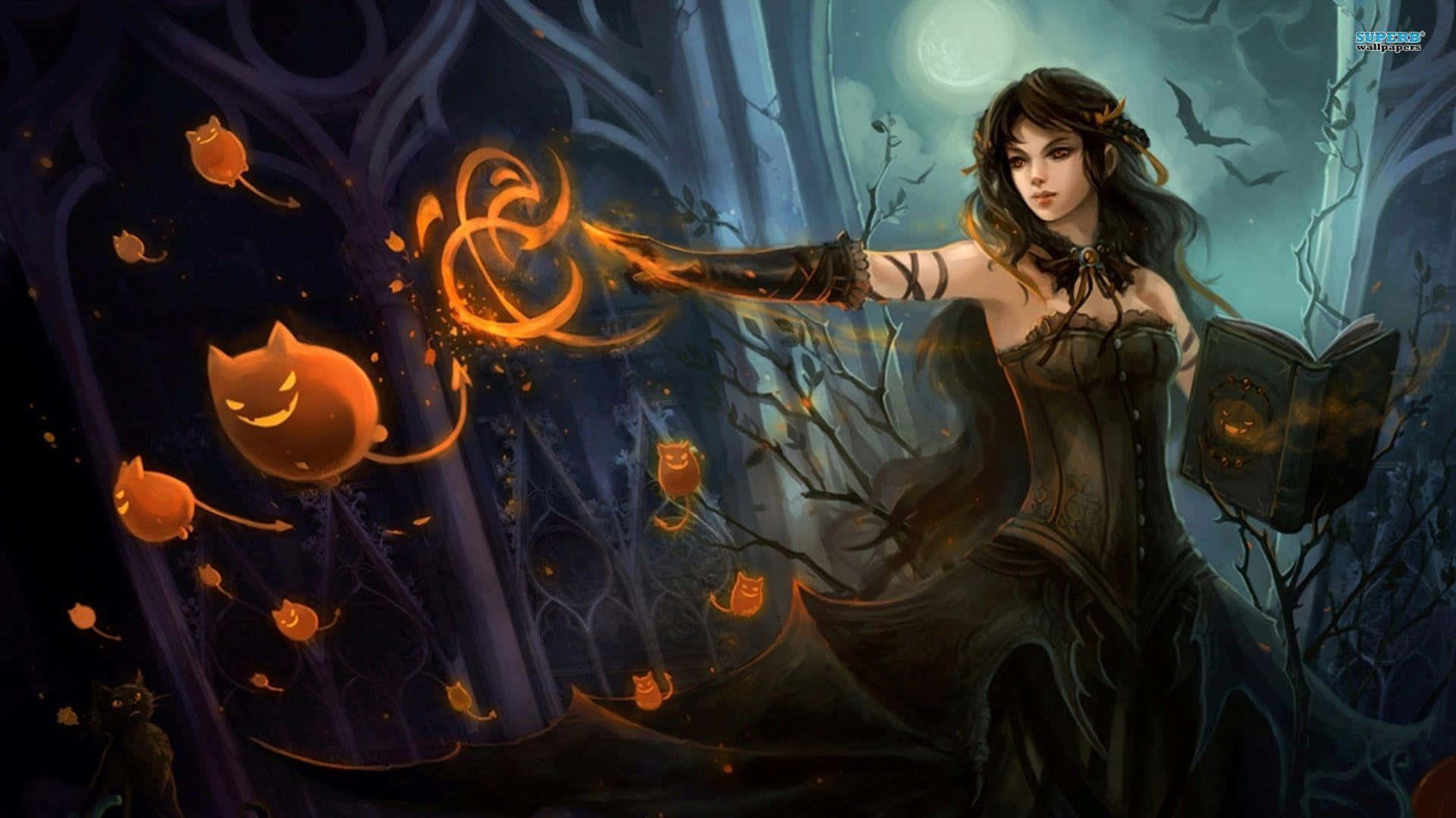Evil Witch, dark forest, glowing orange cat-shaped lanterns, Full HD Desktop Wallpaper