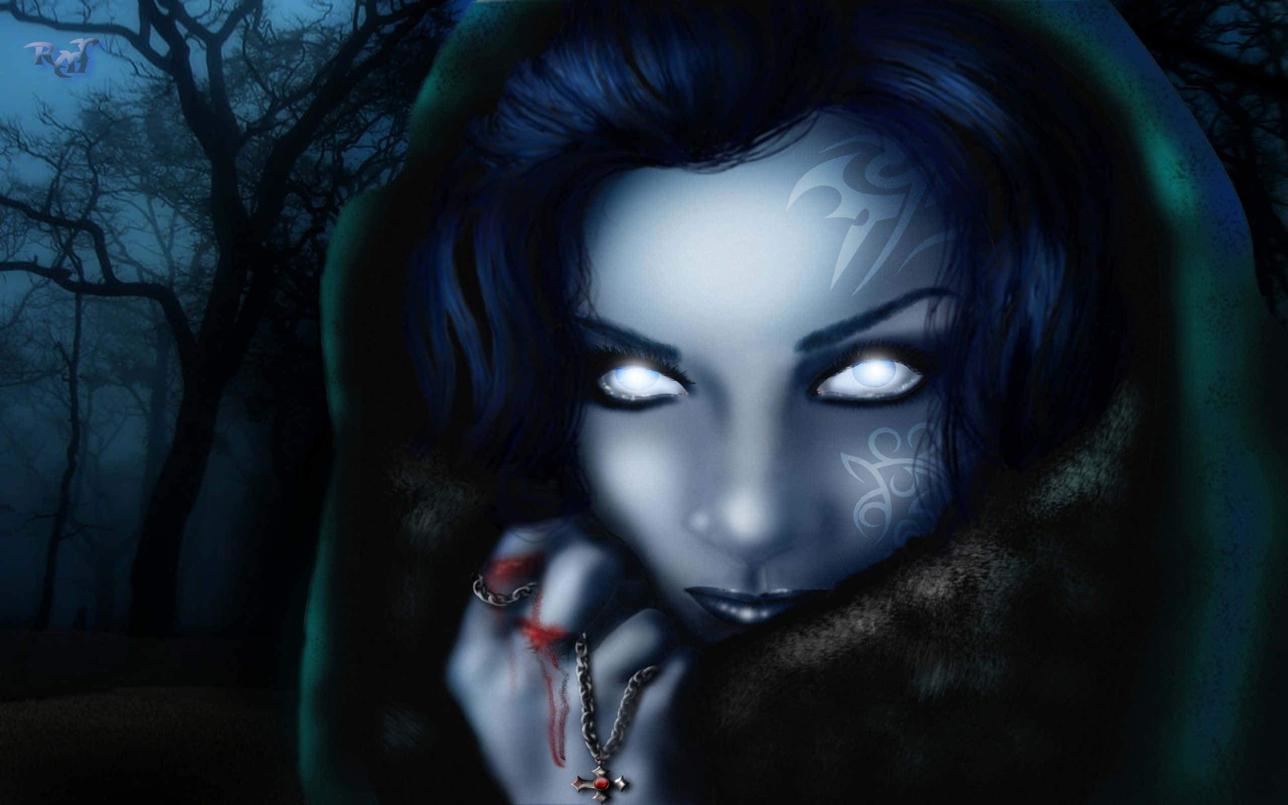 Evil Witch, green hooded cloak, blue hair, 2K Desktop Wallpaper