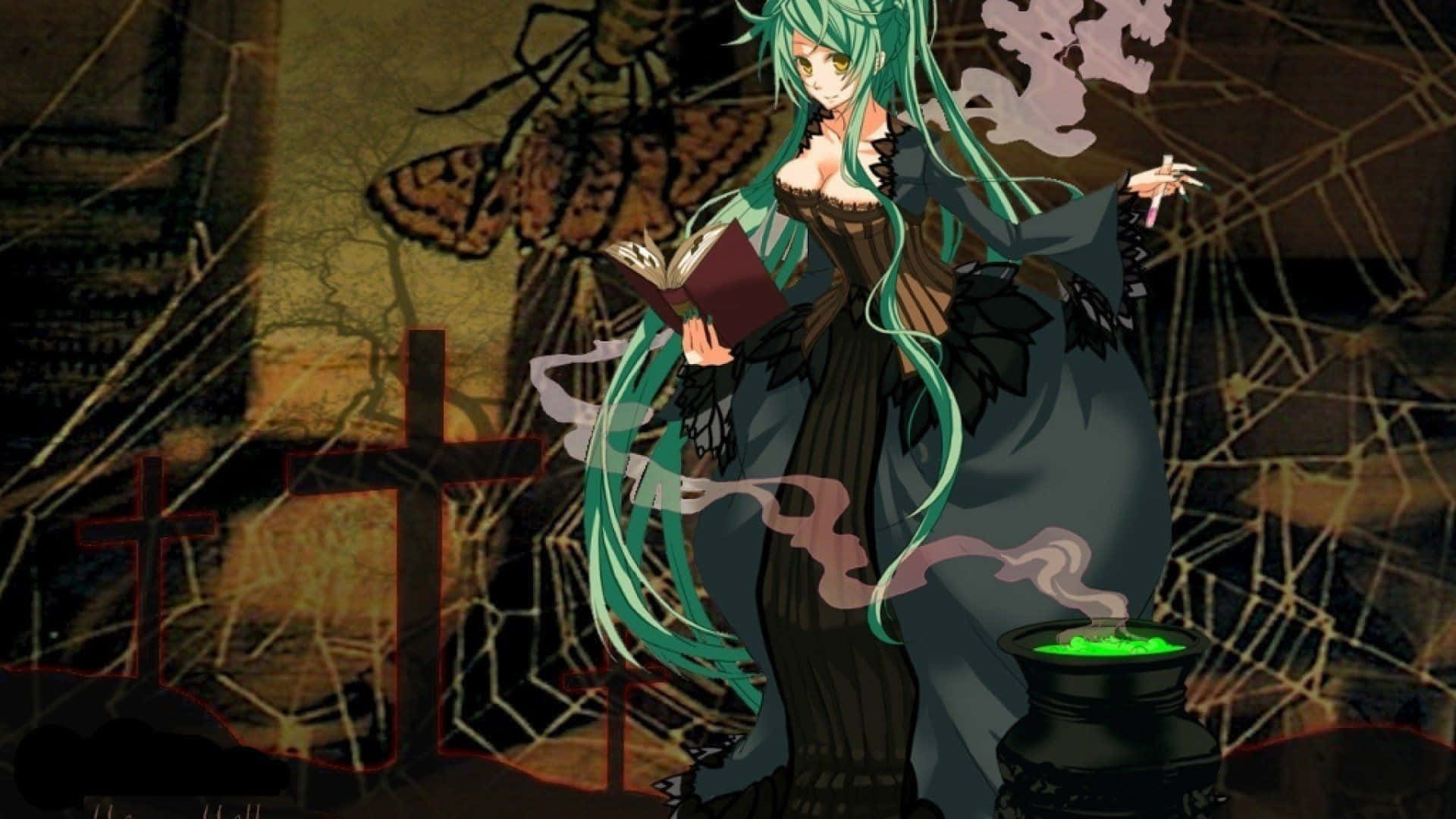 Evil Witch, green-haired anime witch, dark dress, Full HD Desktop Wallpaper