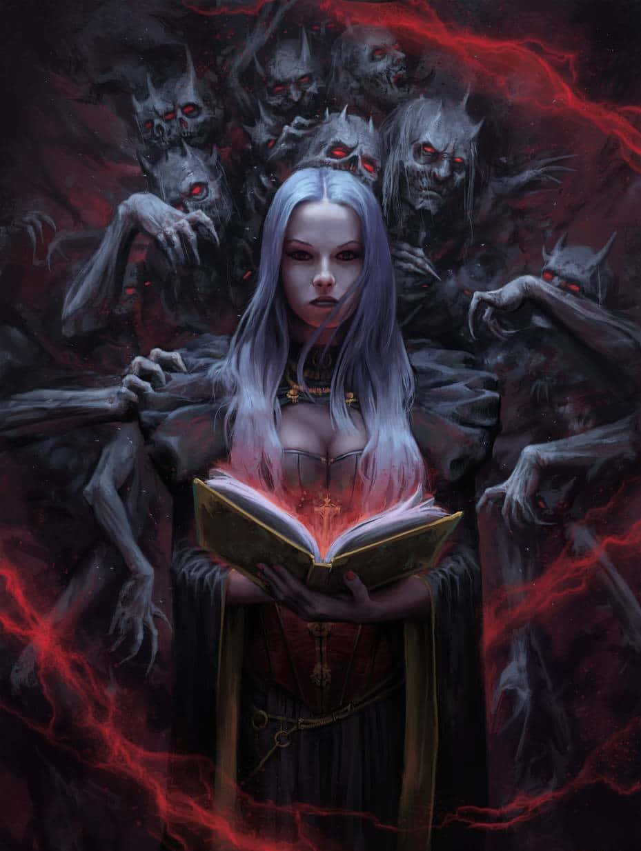 Evil Witch, glowing red book, shadowy demonic figures, SD Phone Wallpaper