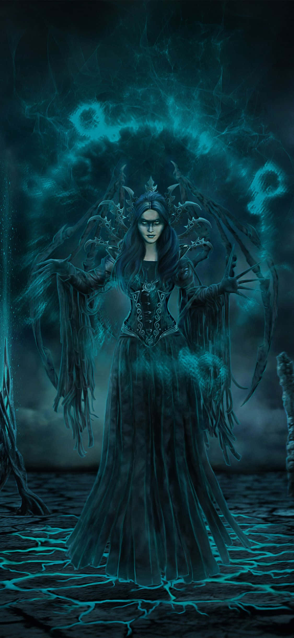 evil witch, dark-winged female figure, flowing black gown, Full HD Phone Wallpaper