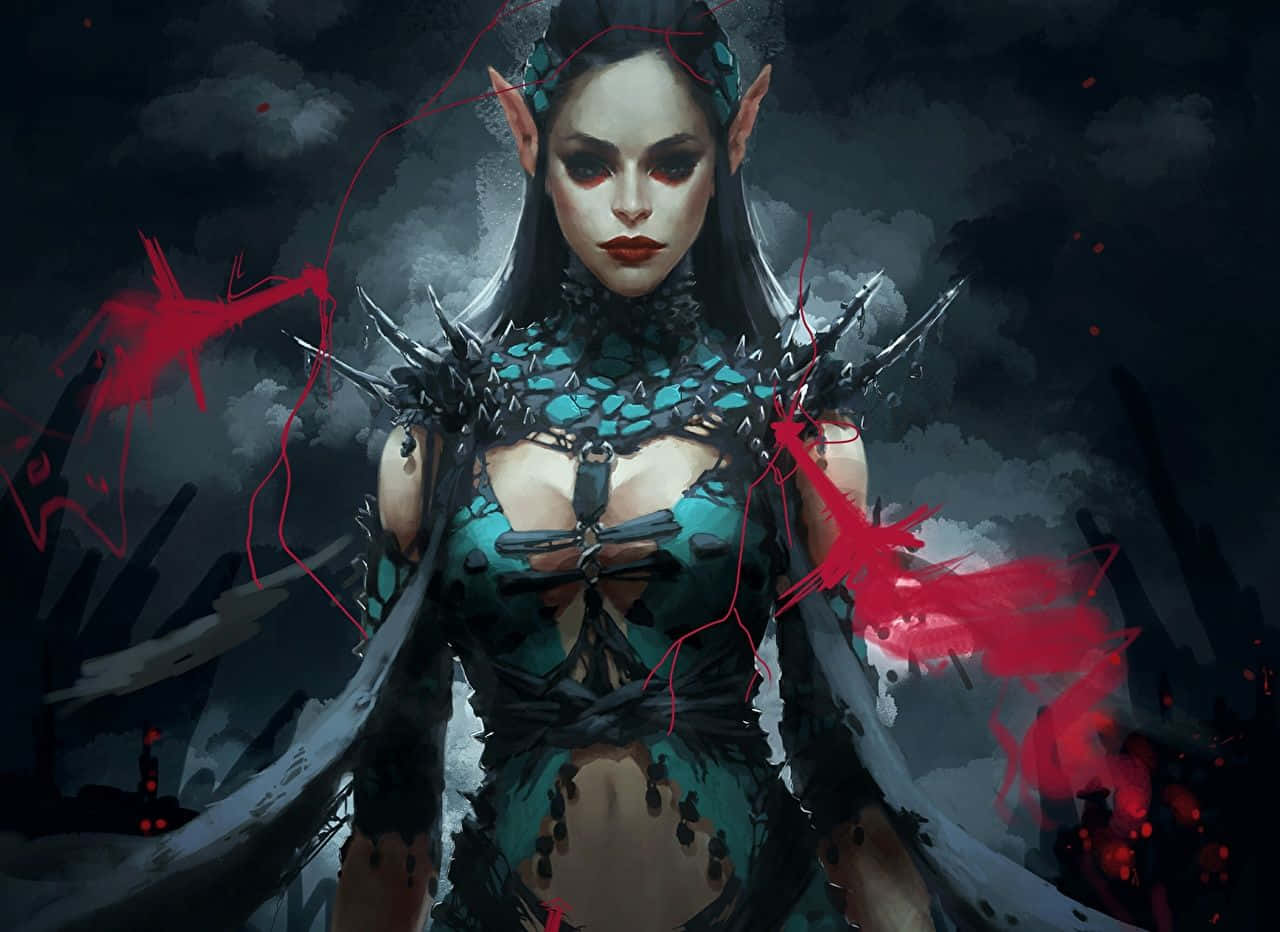 Dark Witch, glowing red eyes, spiked teal armor, HD Desktop Wallpaper