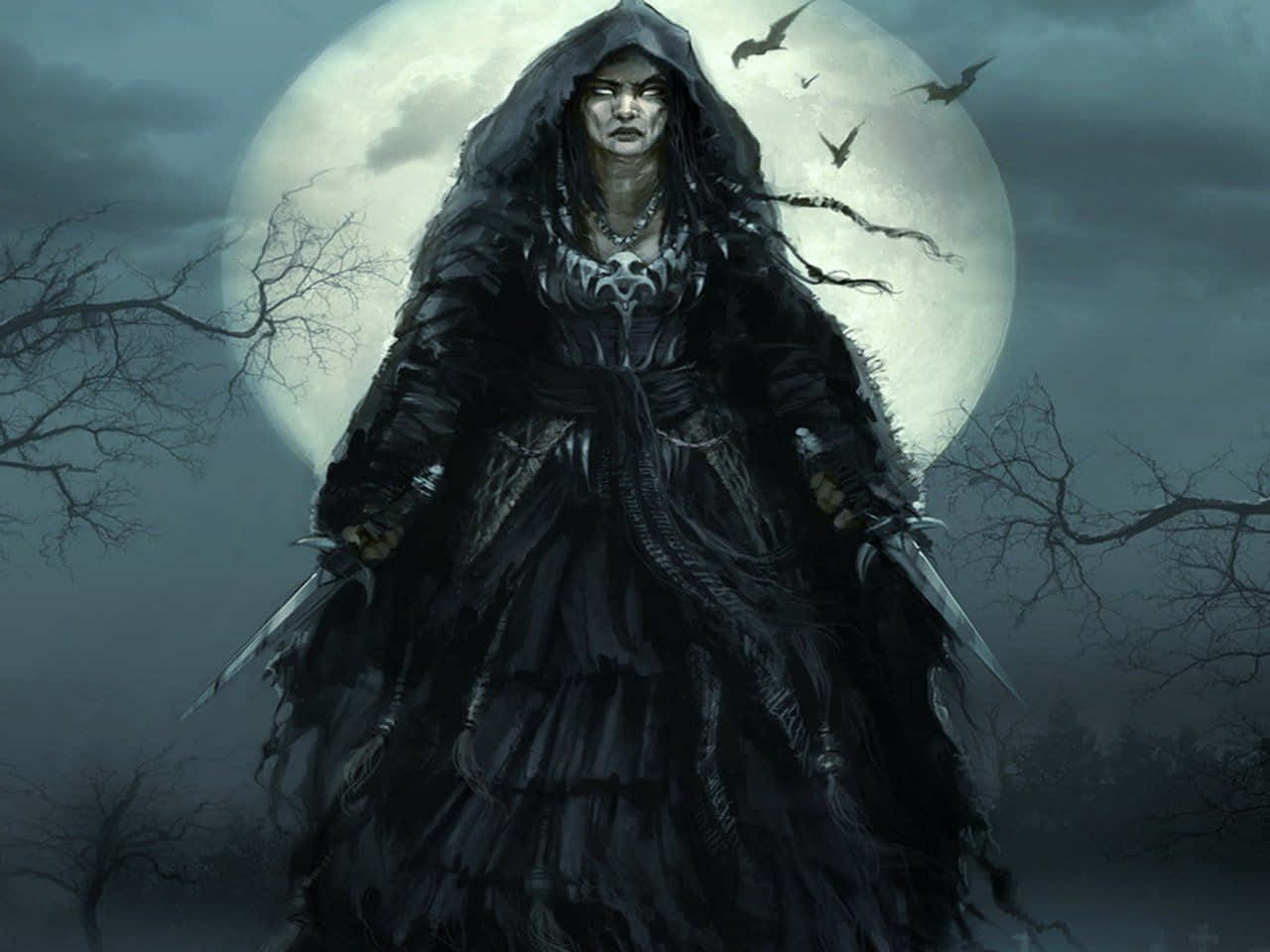 Evil Witch, full moon, bats, HD Desktop Wallpaper