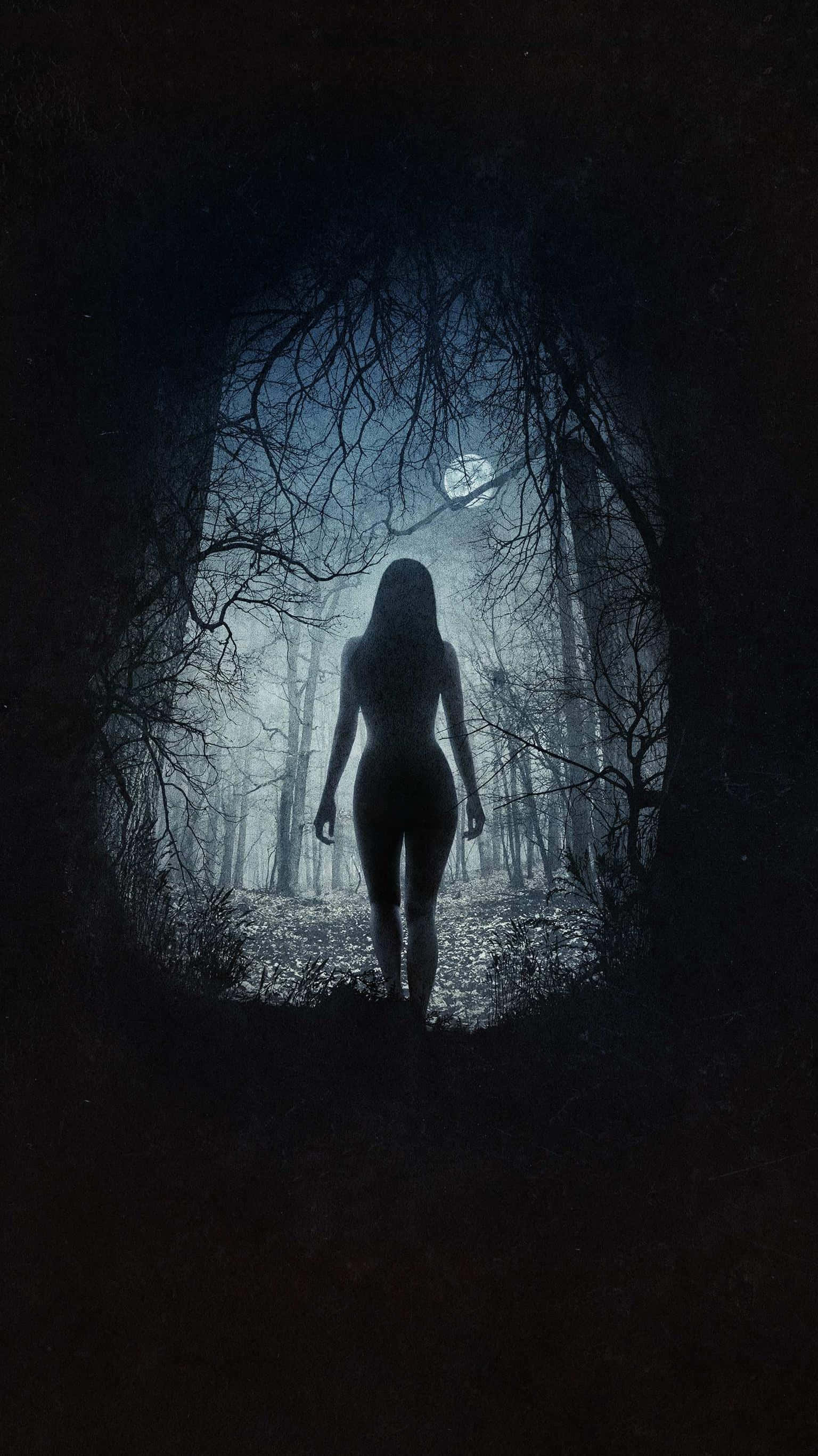 Dark Witch, moonlit forest, bare trees, 2K Phone Wallpaper