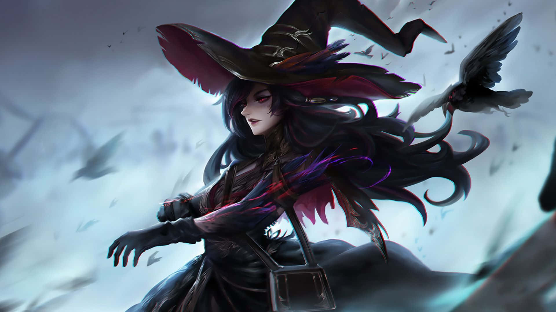 Dark Witch, tall hat, flowing cloak, Full HD Desktop Wallpaper