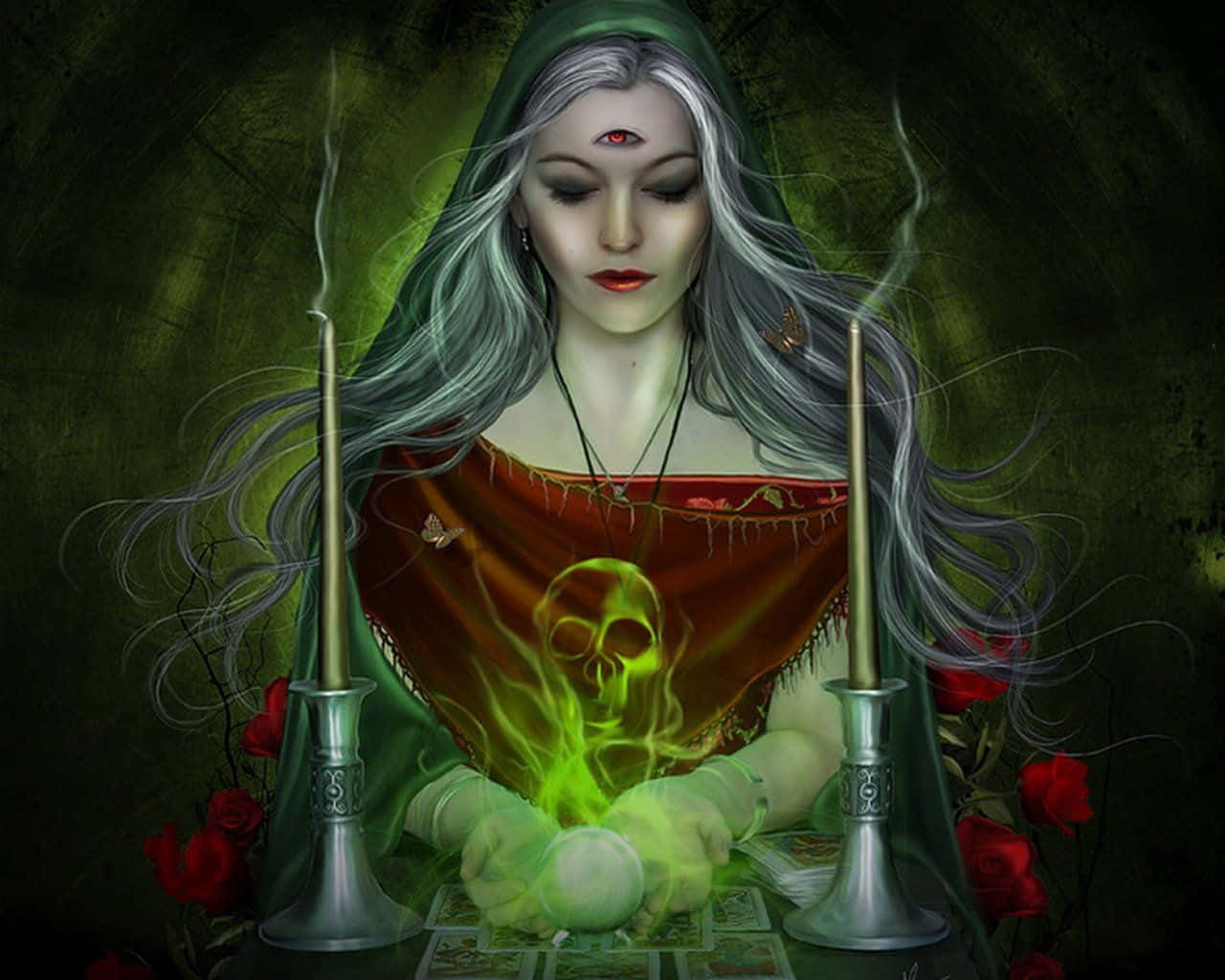 Dark Witch, silver hair, third eye, HD Desktop Wallpaper