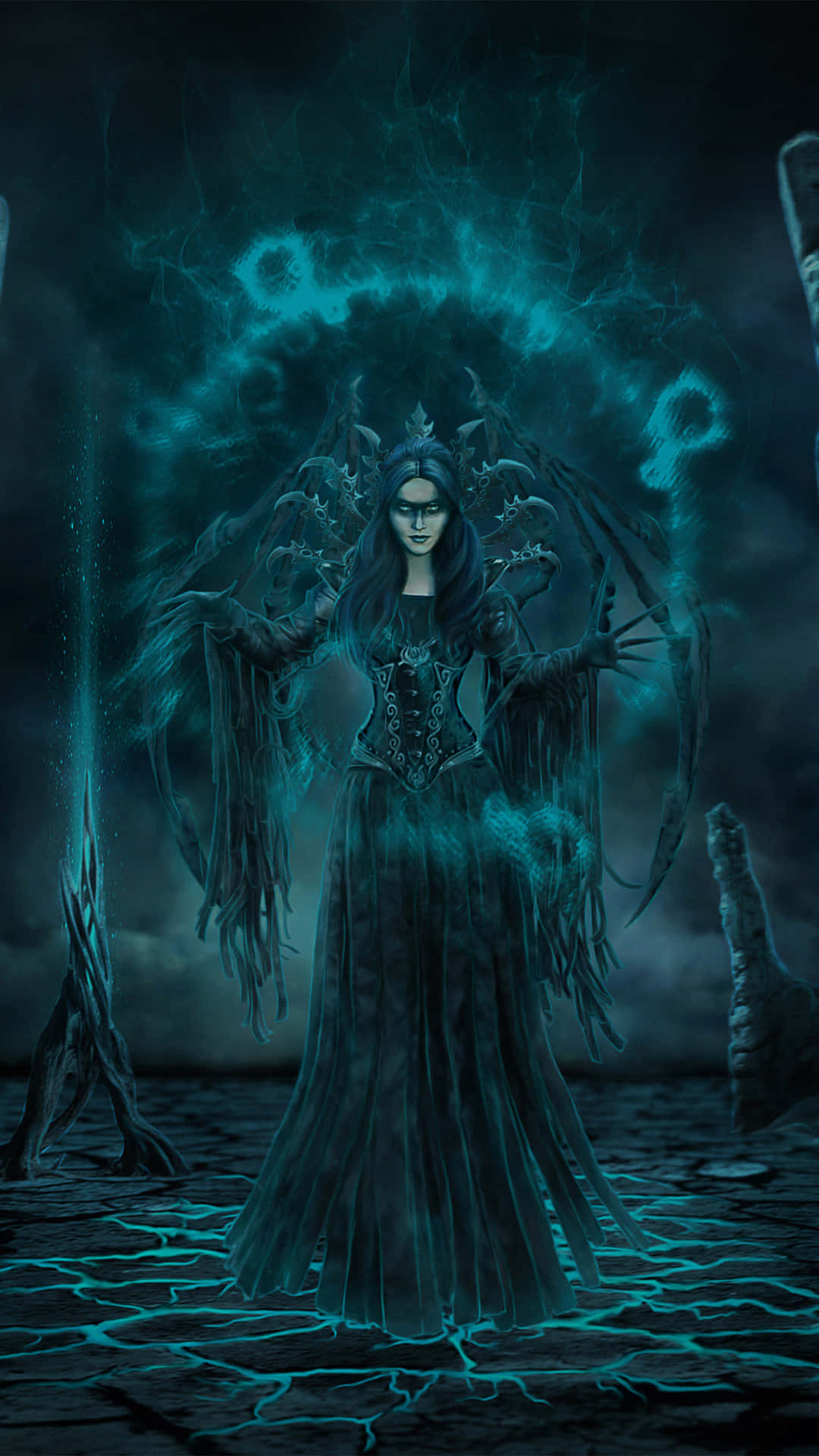 Dark Witch, glowing blue energy, skeletal wings, Full HD Phone Wallpaper