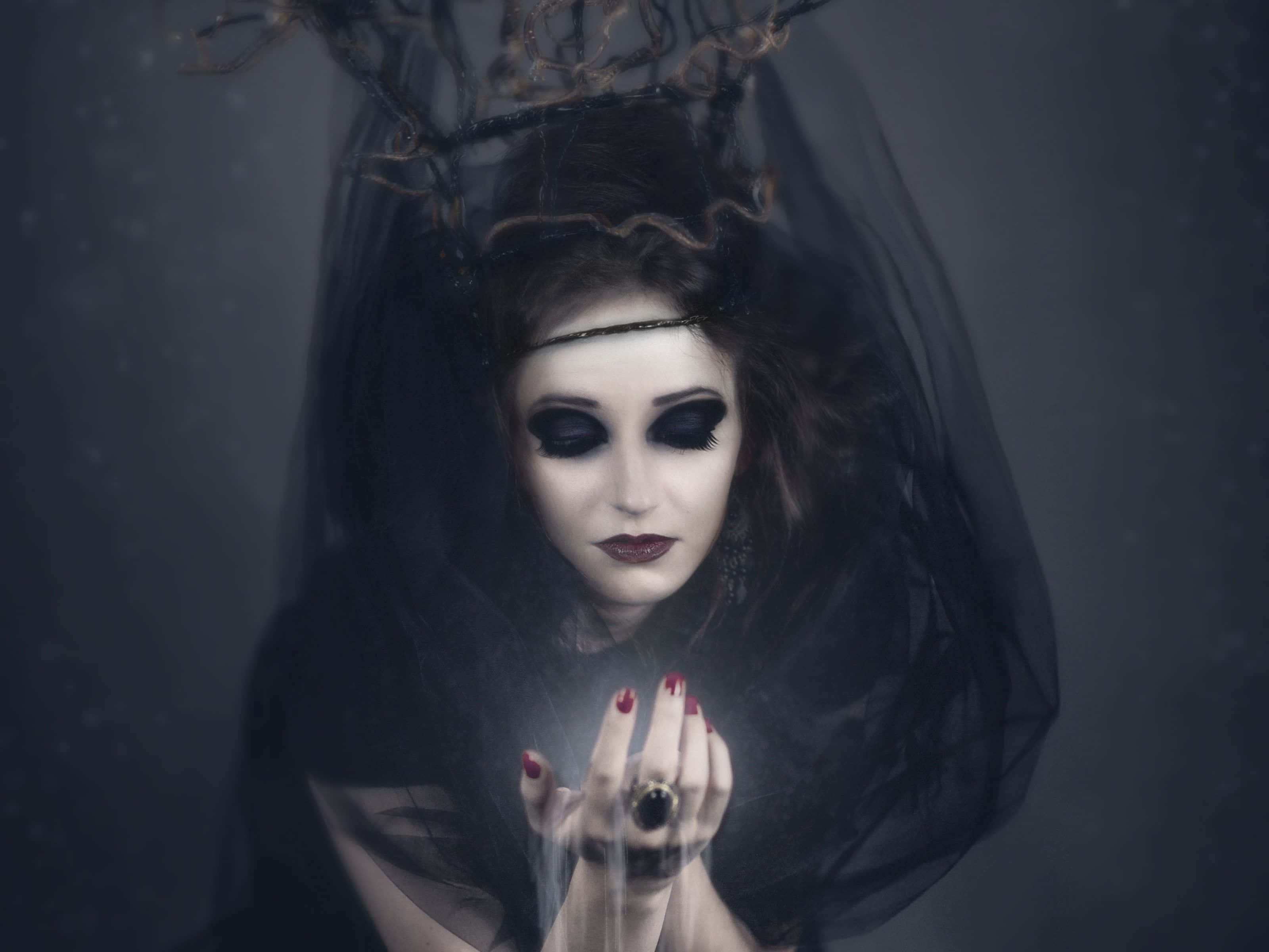 Dark Witch, moonlit forest, glowing orb, 2K Desktop Wallpaper
