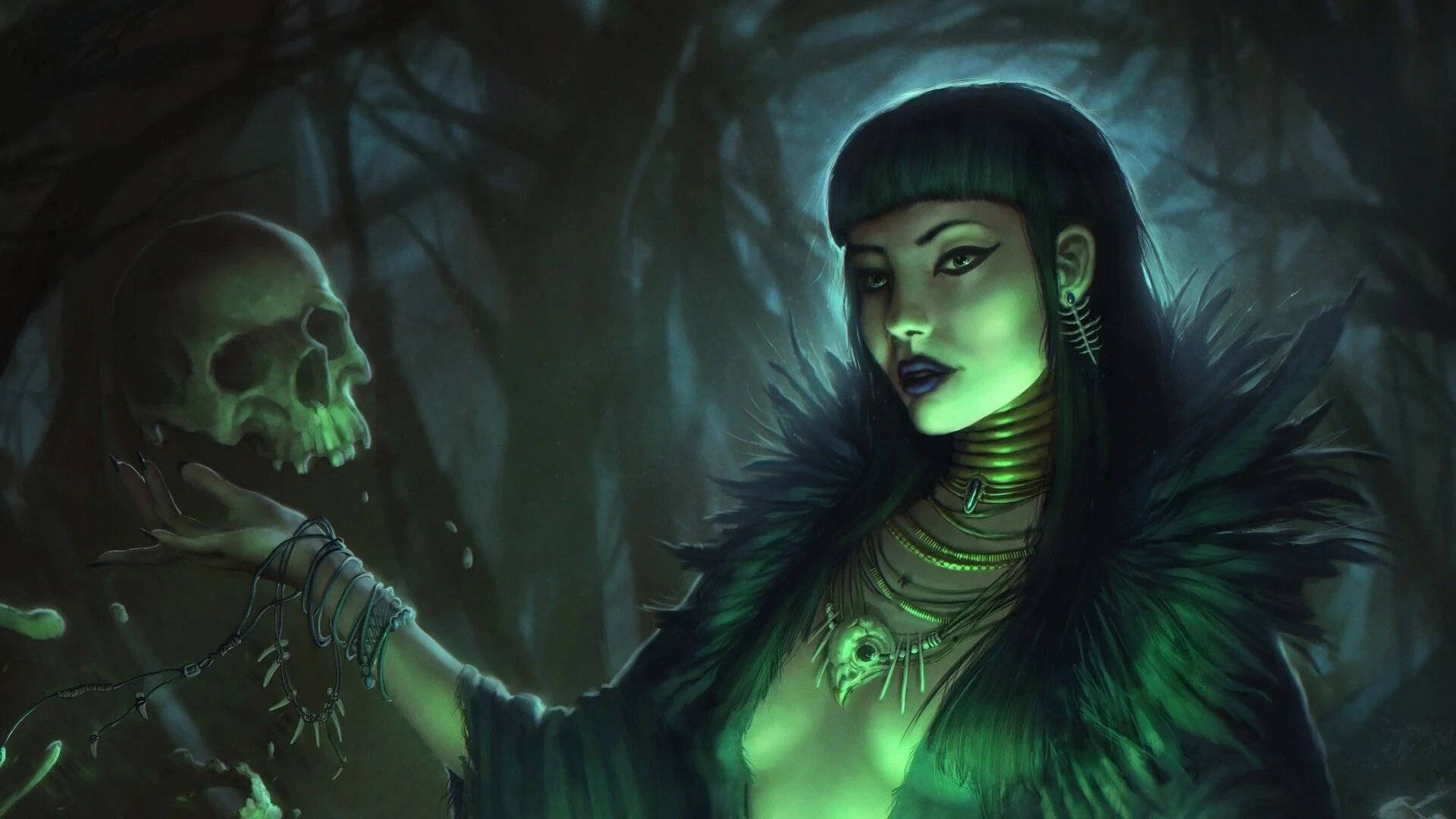 wicked witchy aesthetic, glowing green skin, feathered collar, Full HD Desktop Wallpaper