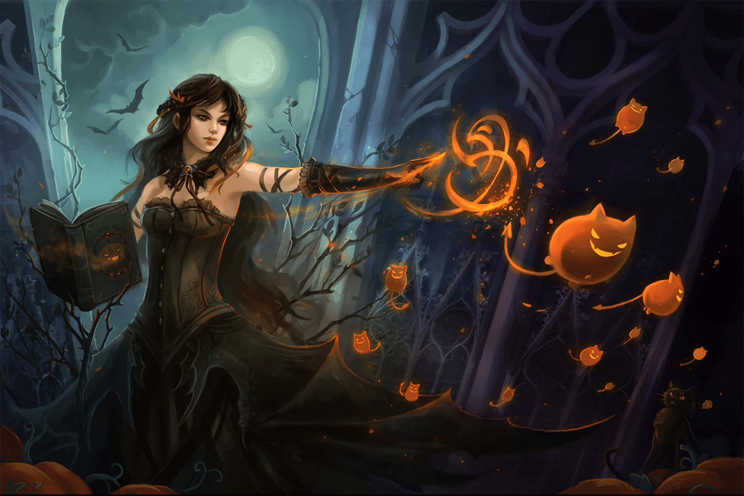 Evil Witch, dark gown, glowing orange spells, Full HD Desktop Wallpaper