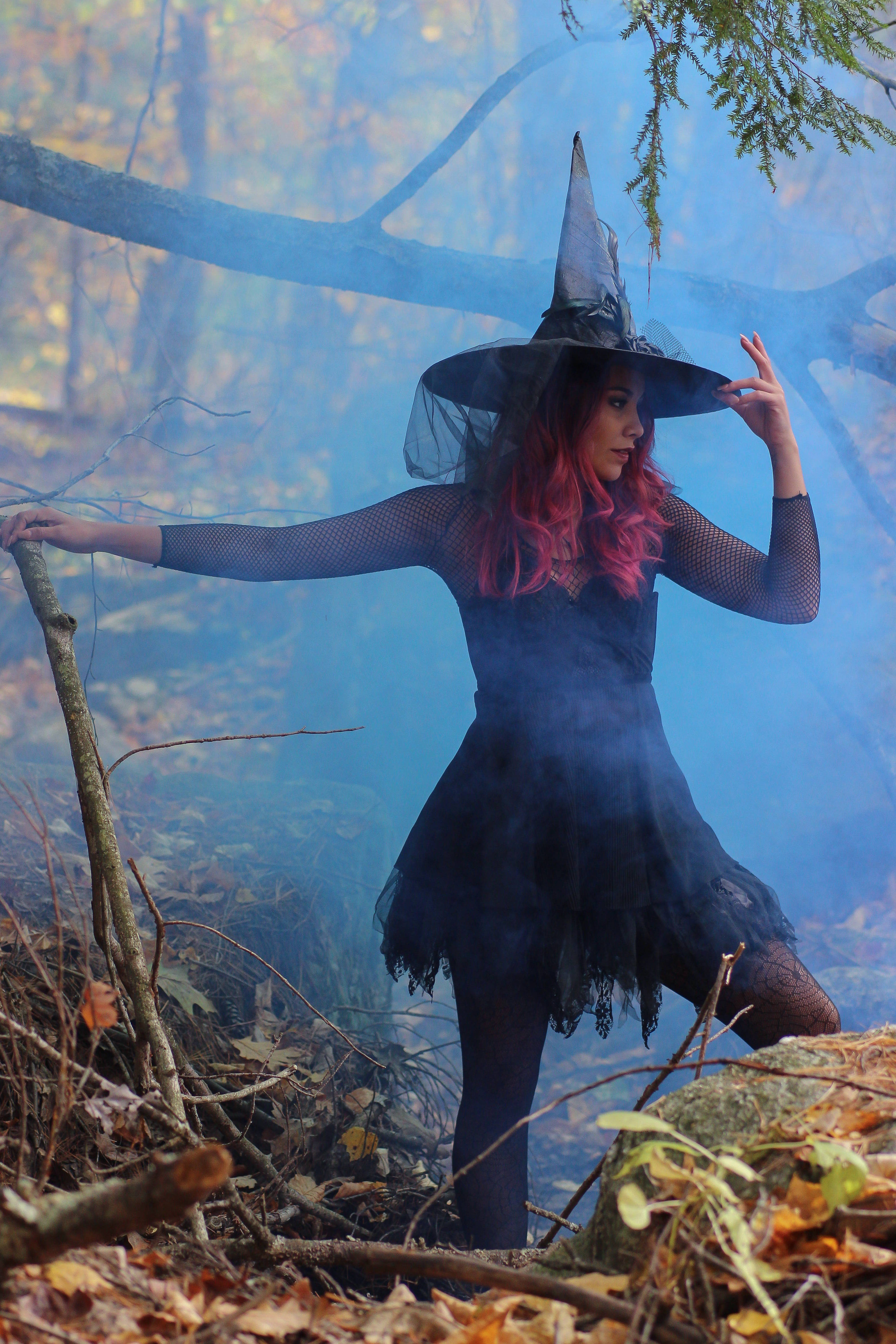 Witch, pink hair, black hat, 4K Phone Wallpaper