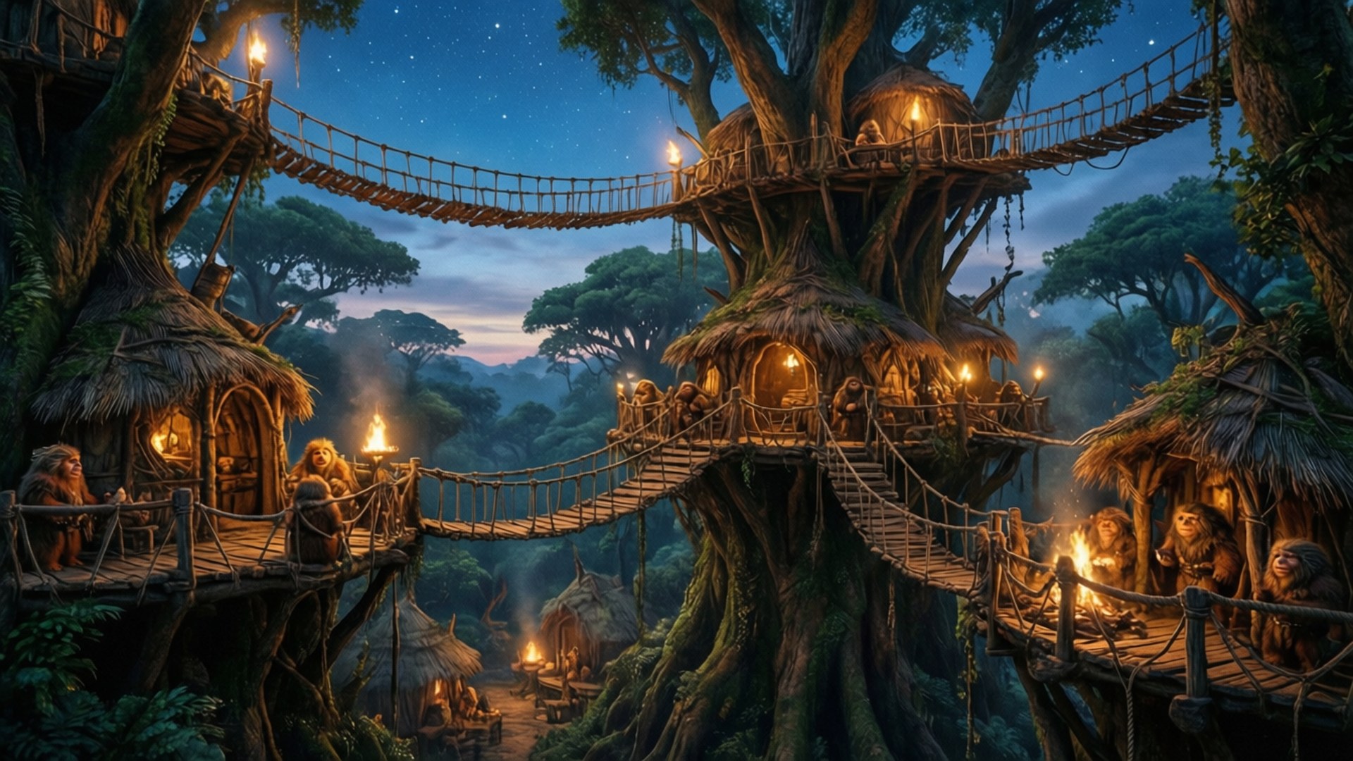 Ewok Village, twilight, starry twilight sky, Full HD Desktop Wallpaper
