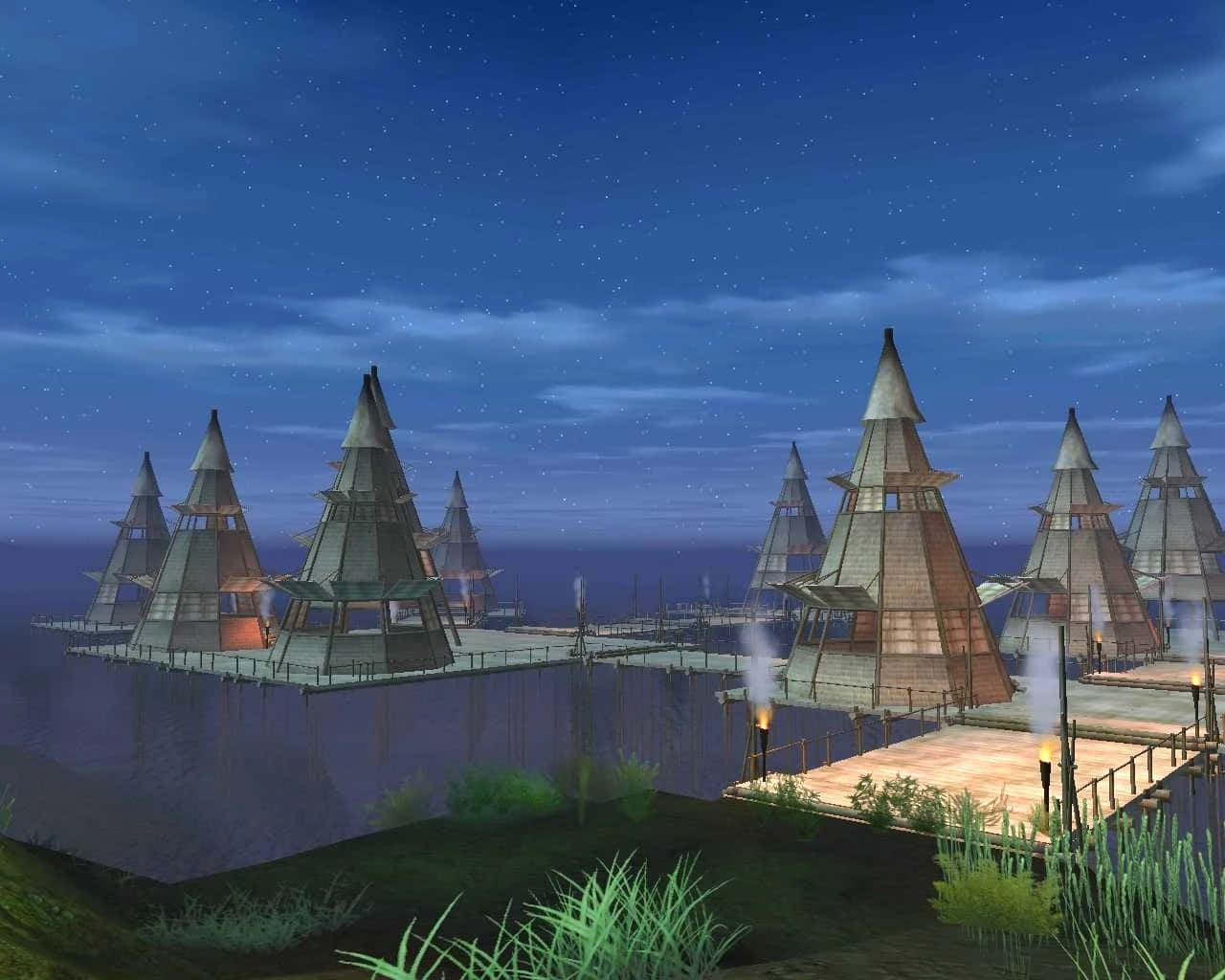 Ewok Village, conical wooden huts, stilts, HD Desktop Wallpaper