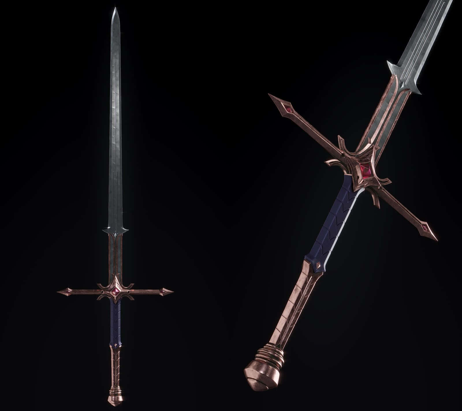 Excalibur, glowing red gems, metallic hilts, HD Desktop Wallpaper