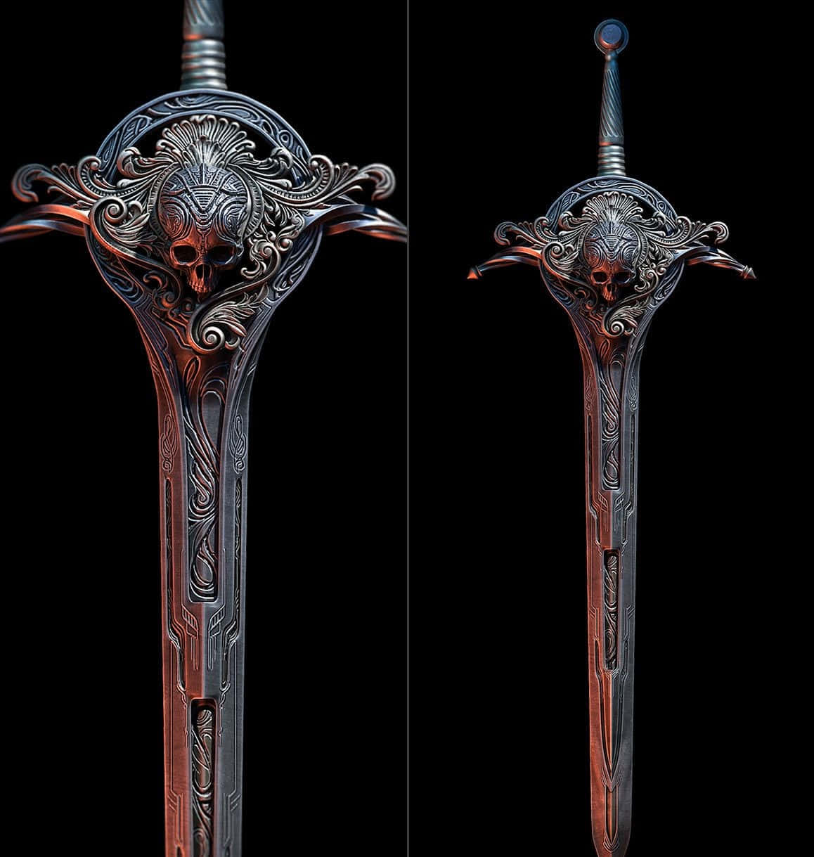 Excalibur, skull motif, glowing red accents, SD Phone Wallpaper