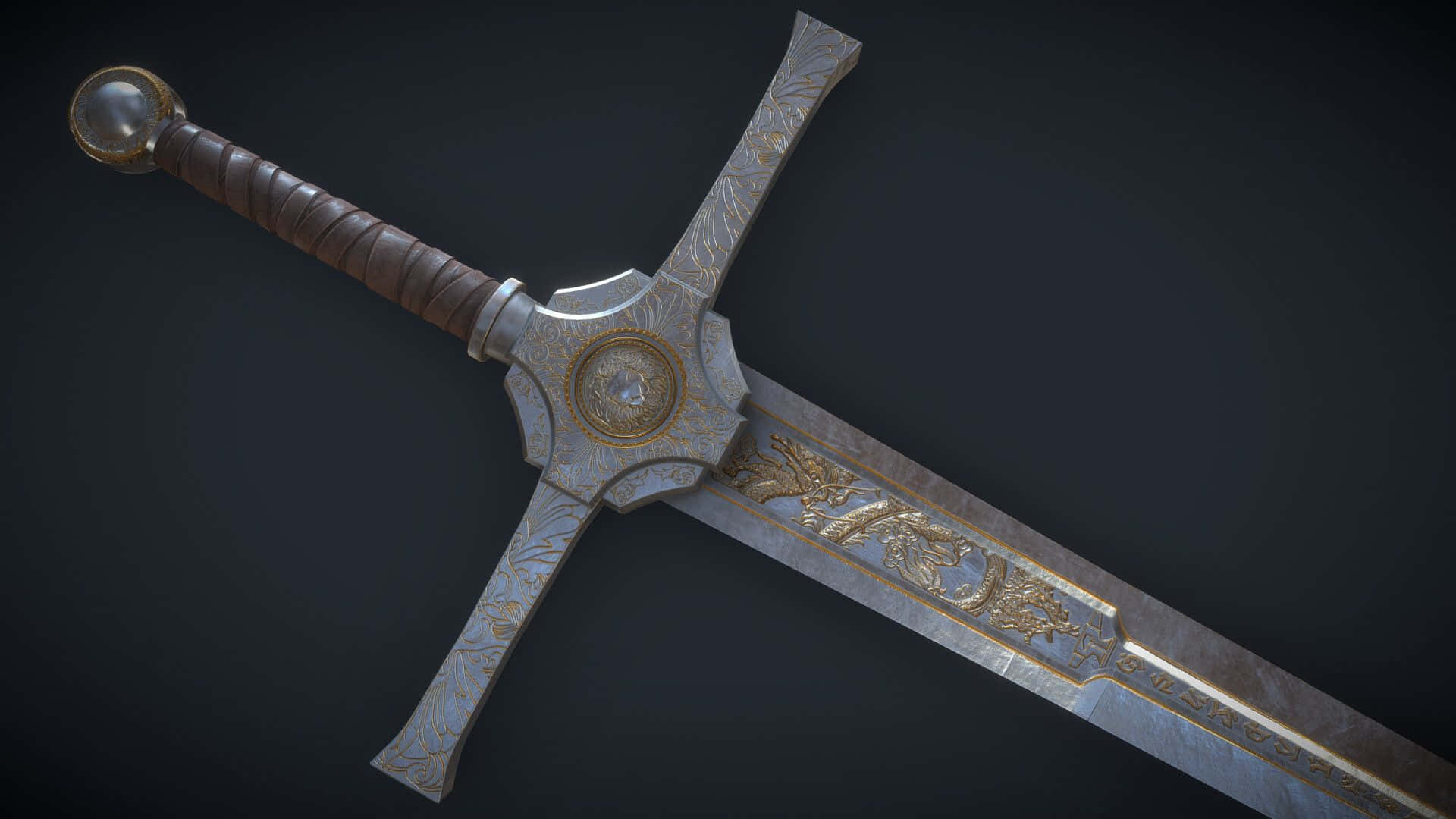 Excalibur, gold inlays, brown wrapped hilt, Full HD Desktop Wallpaper