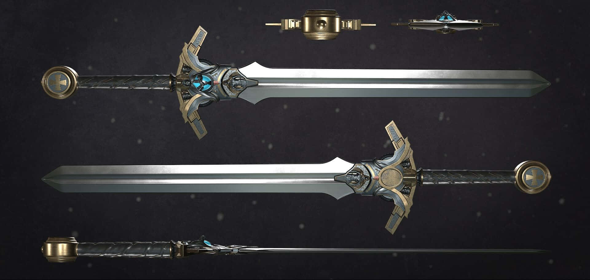 Excalibur, glowing blue gems, metallic hilts, Full HD Desktop Wallpaper