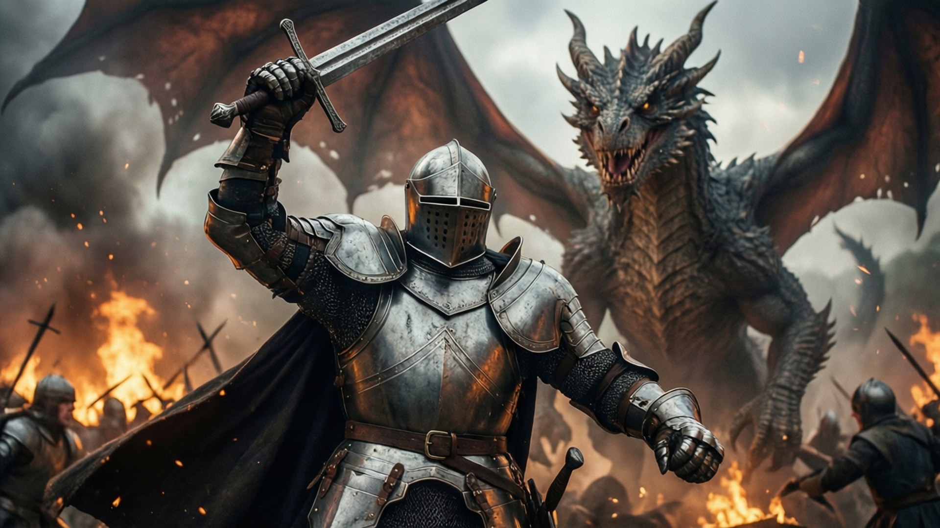 Excalibur, knight, dragon, Full HD Desktop Wallpaper