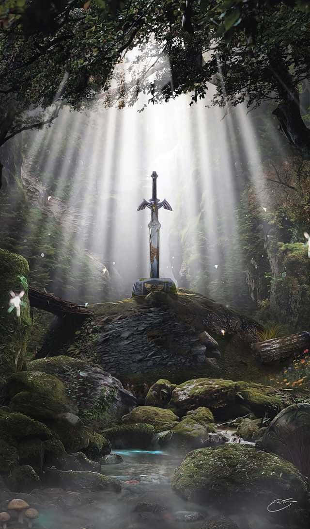Excalibur, stone, divine light beams, SD Phone Wallpaper