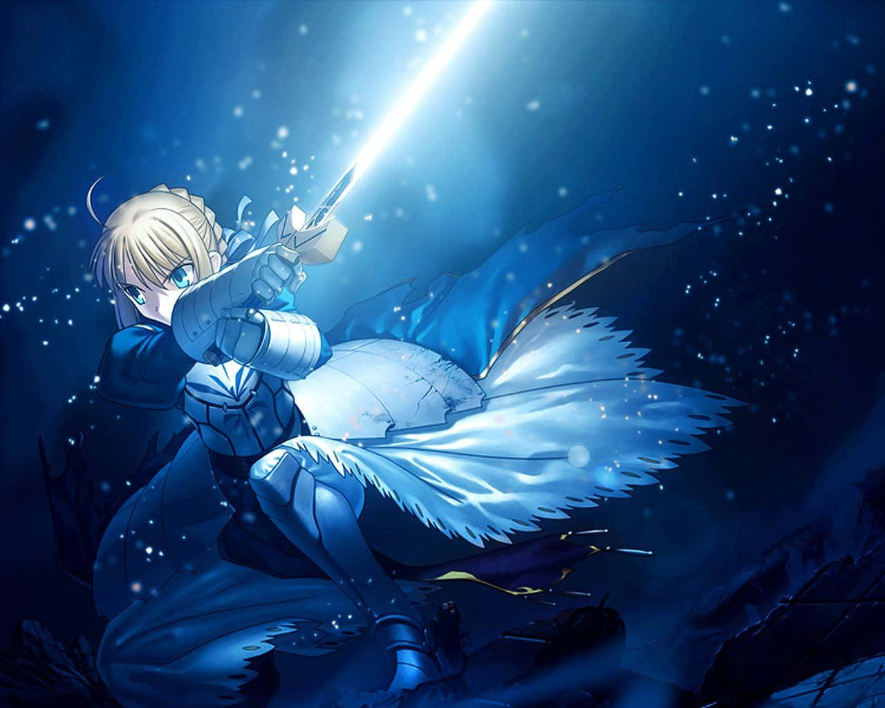 Excalibur, blonde anime knight, blue armor, HD Desktop Wallpaper