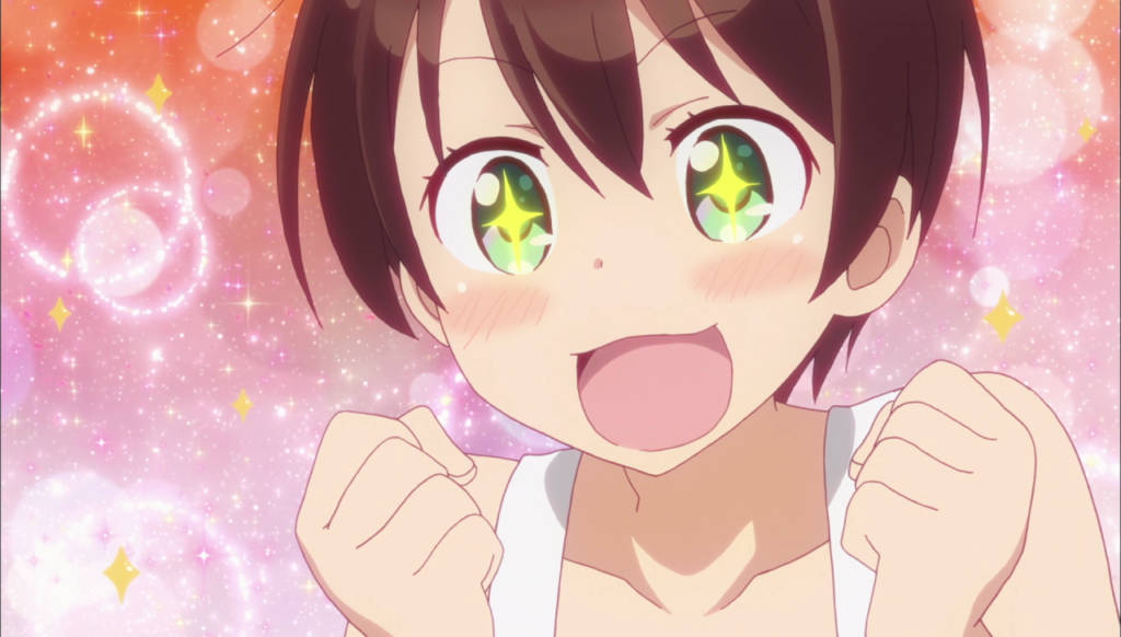 anime girl, sparkling green eyes, short brown hair, SD Desktop Wallpaper