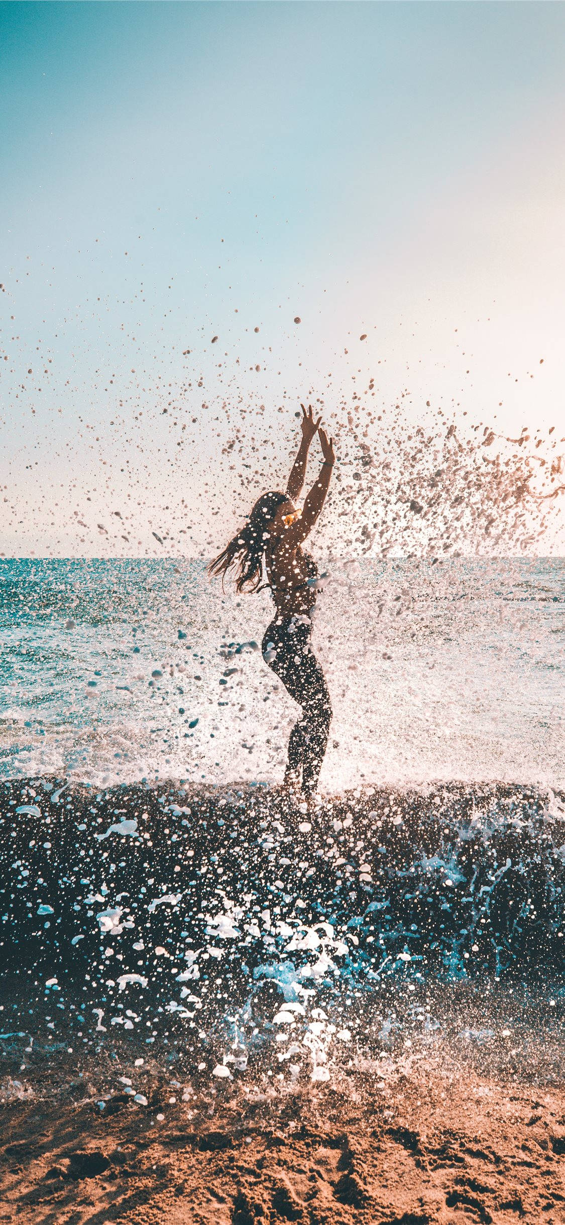 Excited Beach Girl, beach, sunset, Full HD Phone Wallpaper