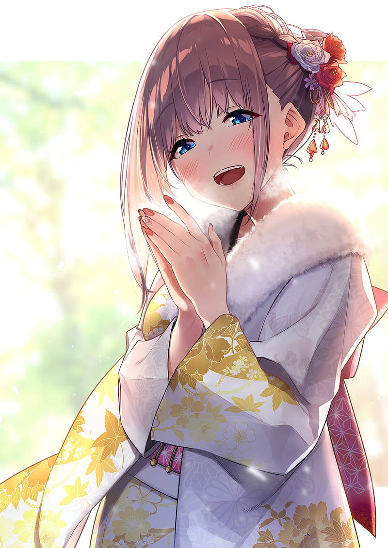 anime girl, floral kimono, soft glowing background, SD Phone Wallpaper