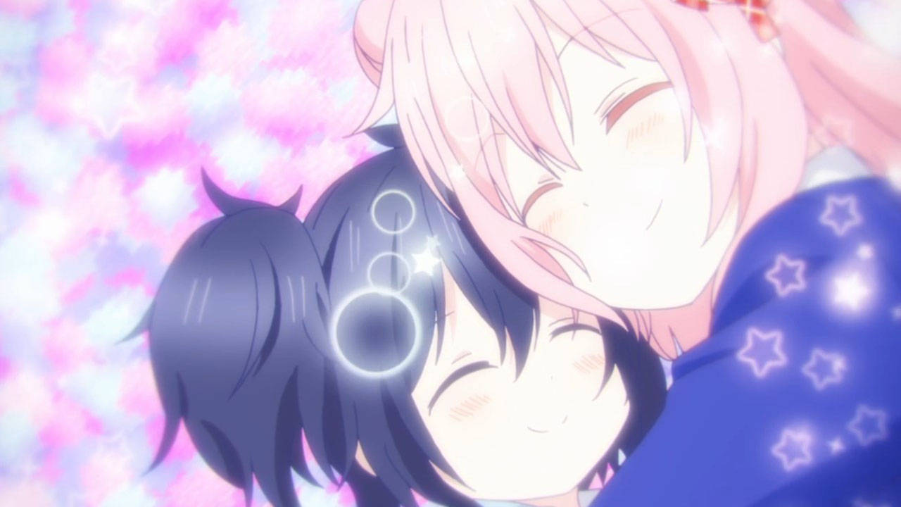 Excited Girls Hugging, glowing pink and blue starry sky, sparkling effects, HD Desktop Wallpaper