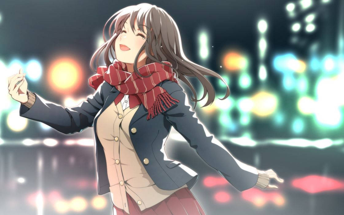 anime girl, school uniform, red scarf, SD Desktop Wallpaper