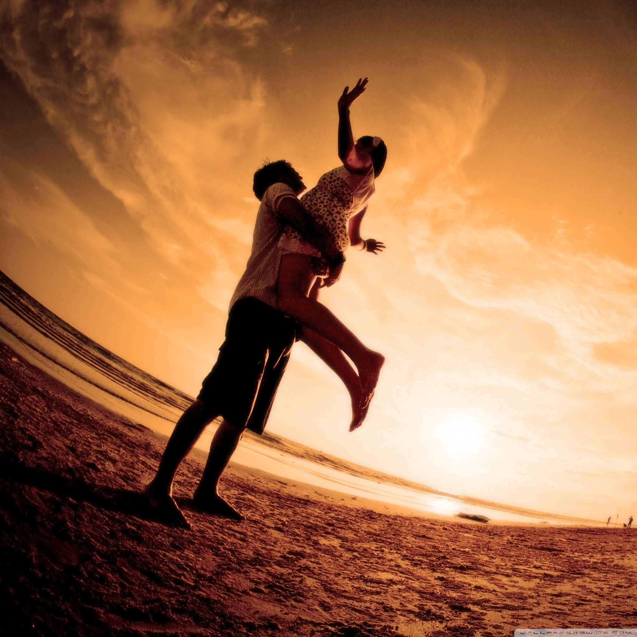 father, daughter, sun-drenched beach, Full HD Desktop Wallpaper