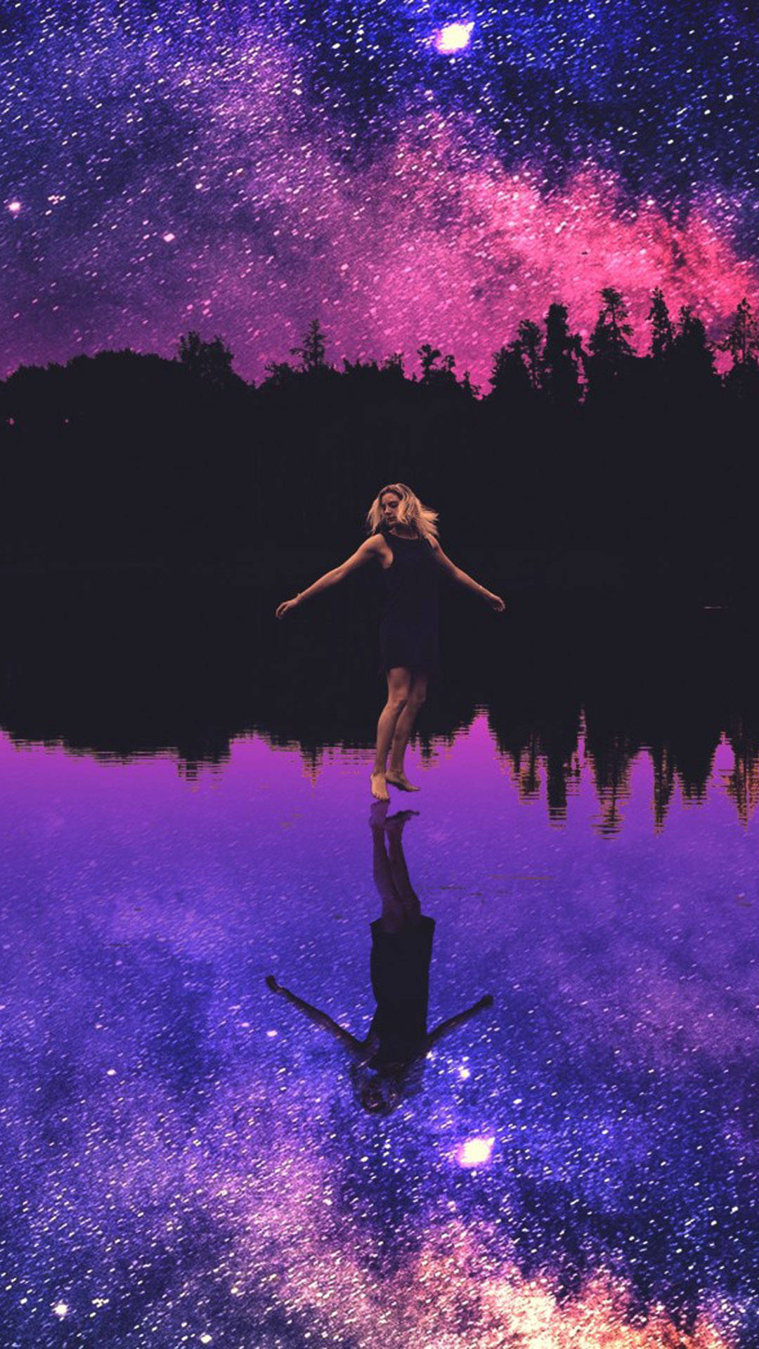 night view, vibrant purple and pink galaxy sky, lake, Full HD Phone Wallpaper