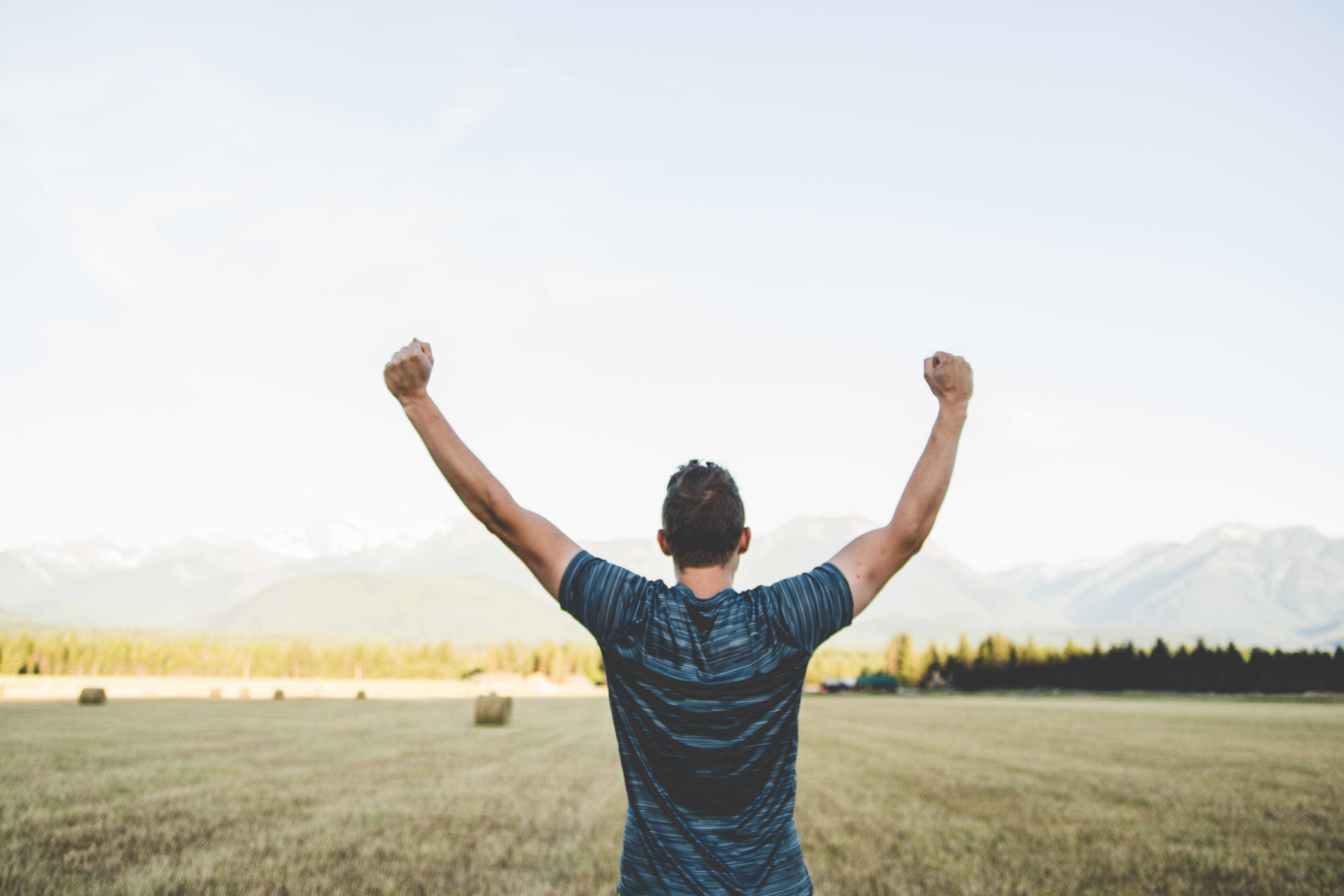 excited man, golden field, snow-capped mountains, 4K Desktop Wallpaper