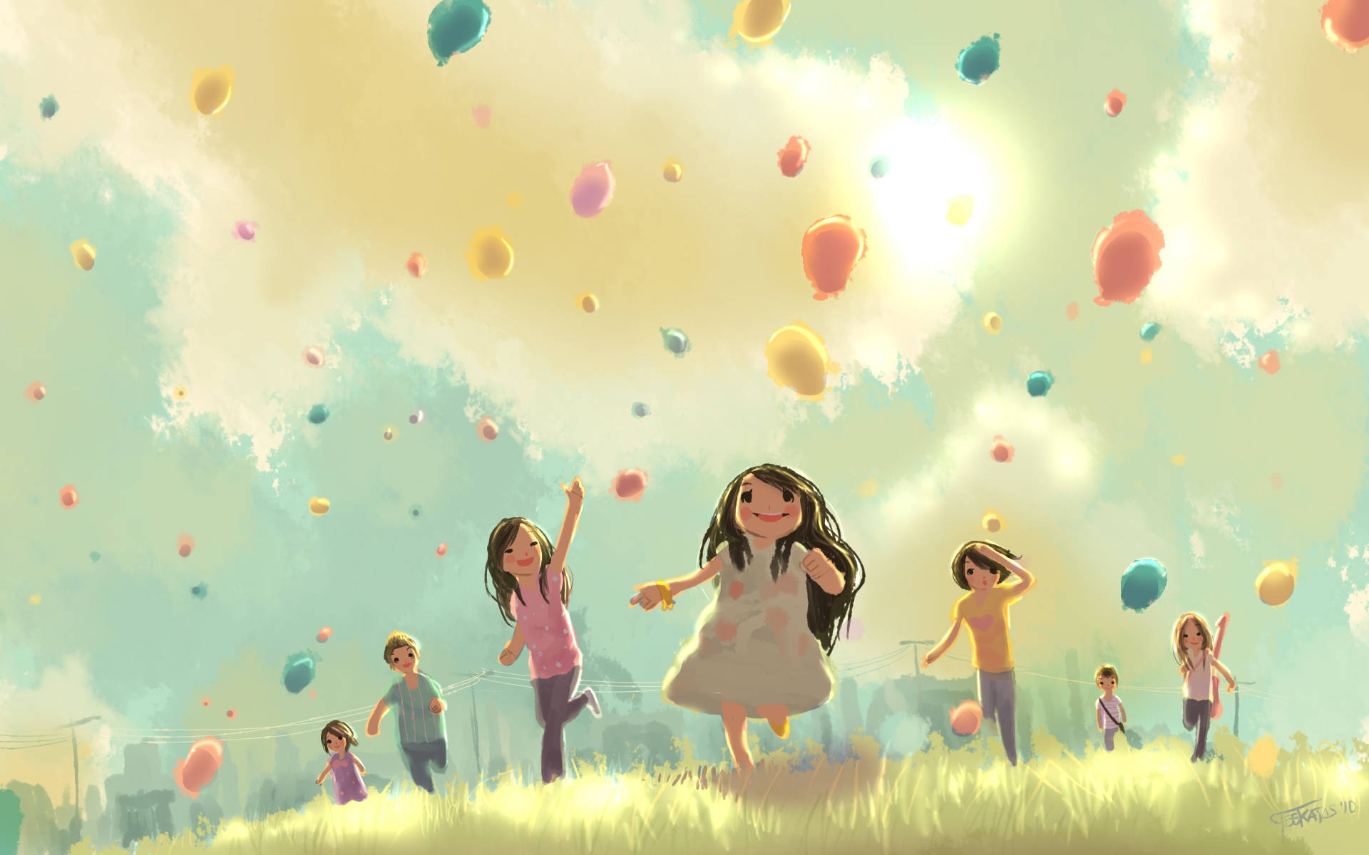 excited group of kids, colorful balloons, sunlit sky, Full HD Desktop Wallpaper