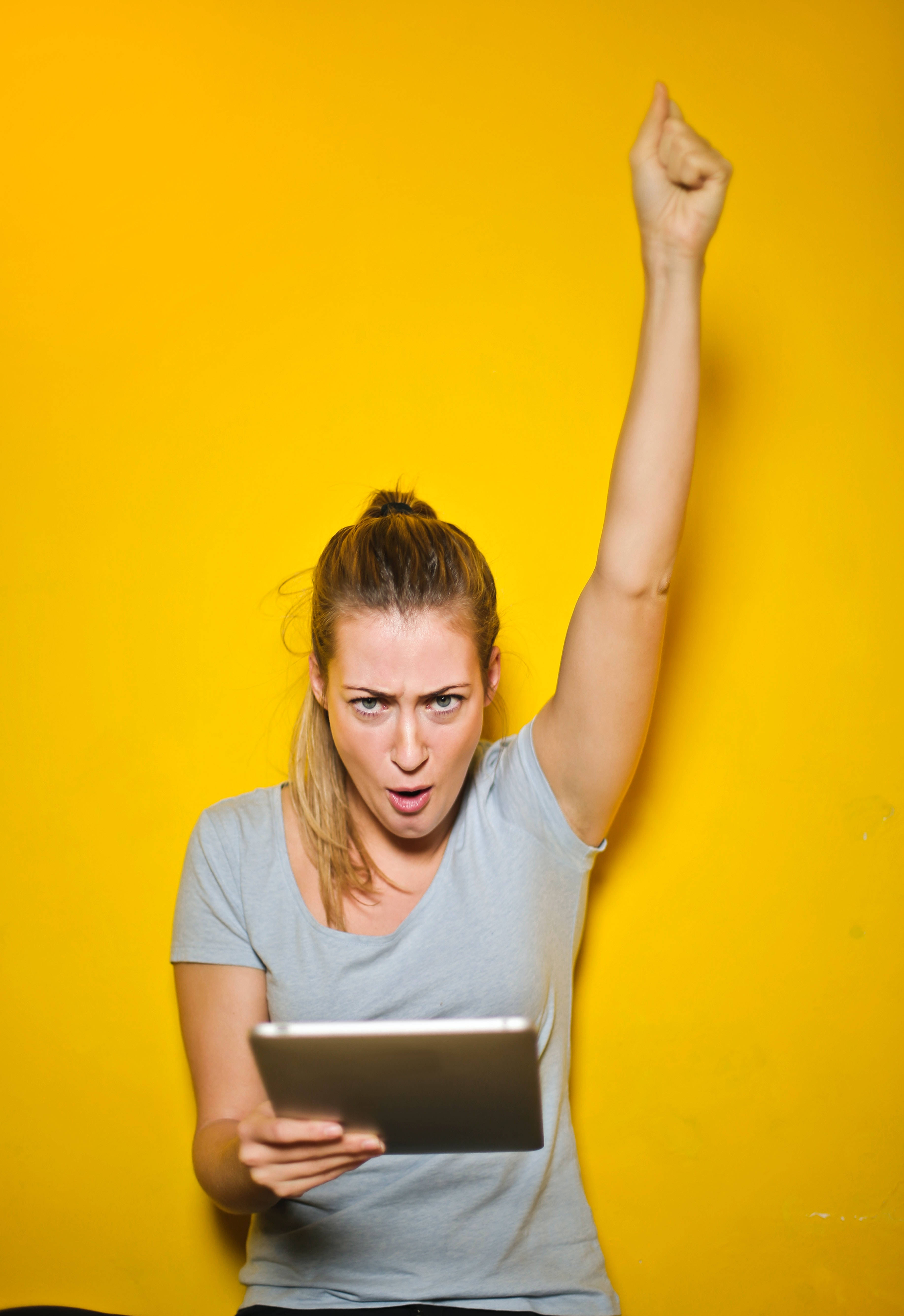 excited woman, iPad, gray tshirt, 5K Phone Wallpaper