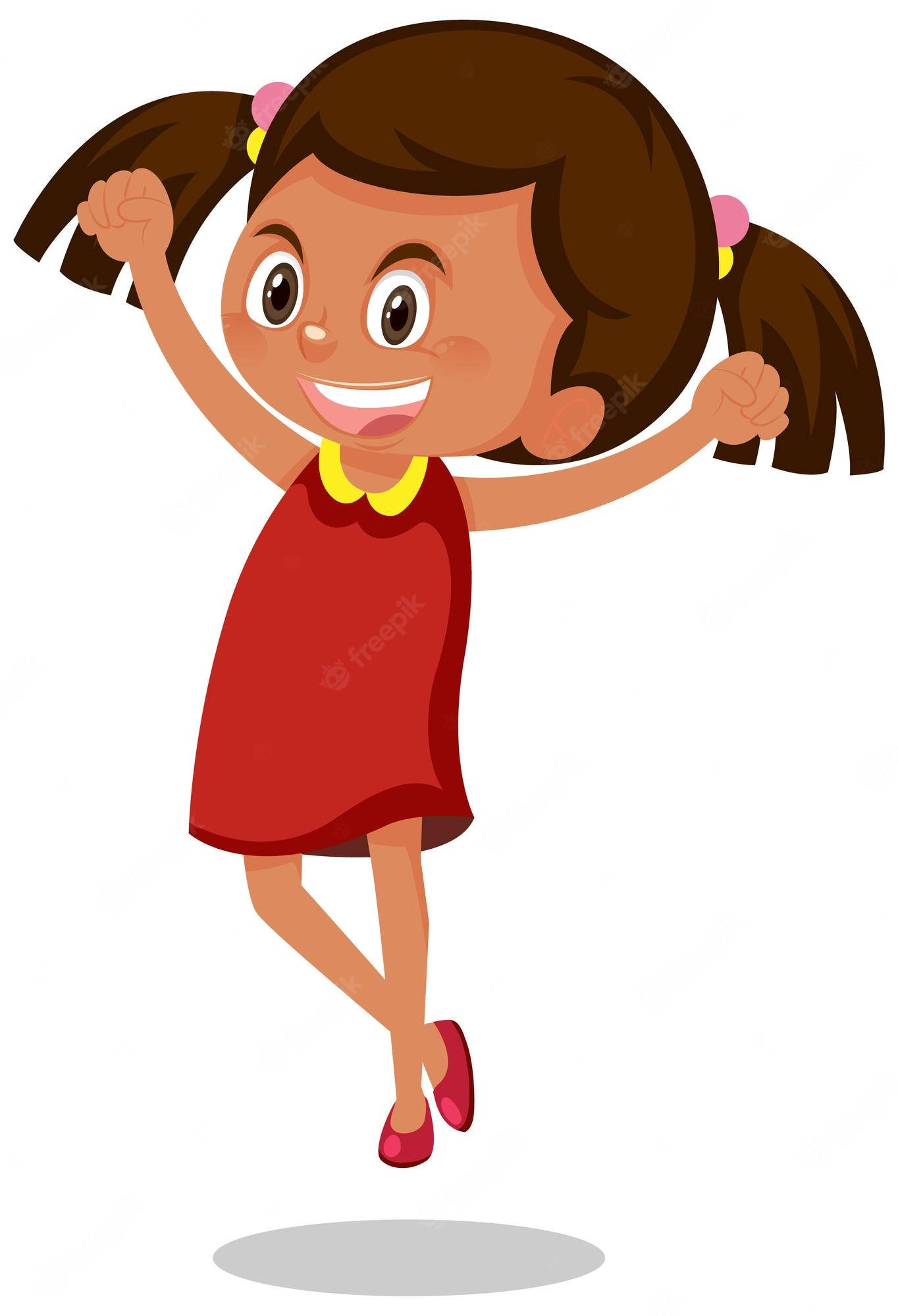 cheerful cartoon girl, brown pigtails, red dress, Full HD Phone Wallpaper