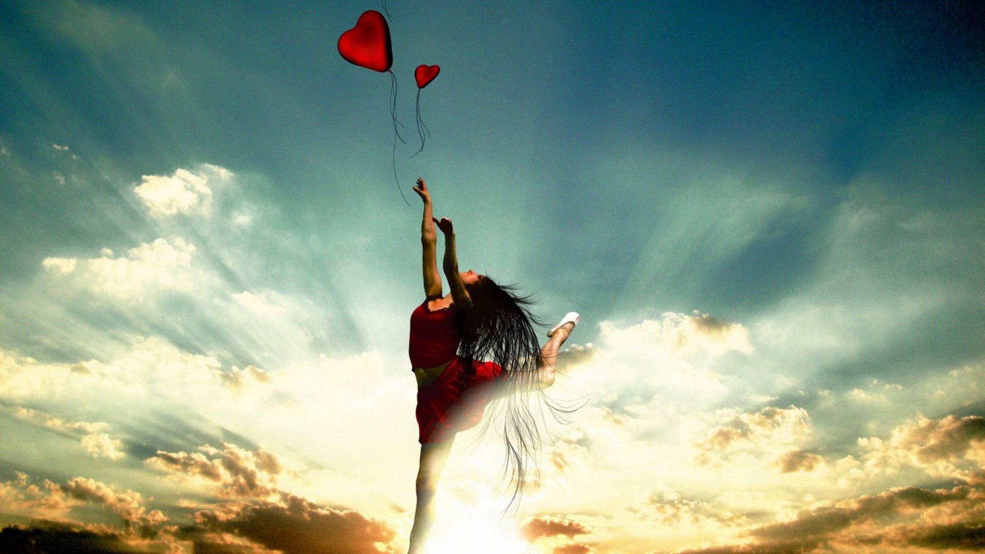 Excited Ballerina With Balloons, red, heart-shaped balloons, Full HD Desktop Wallpaper