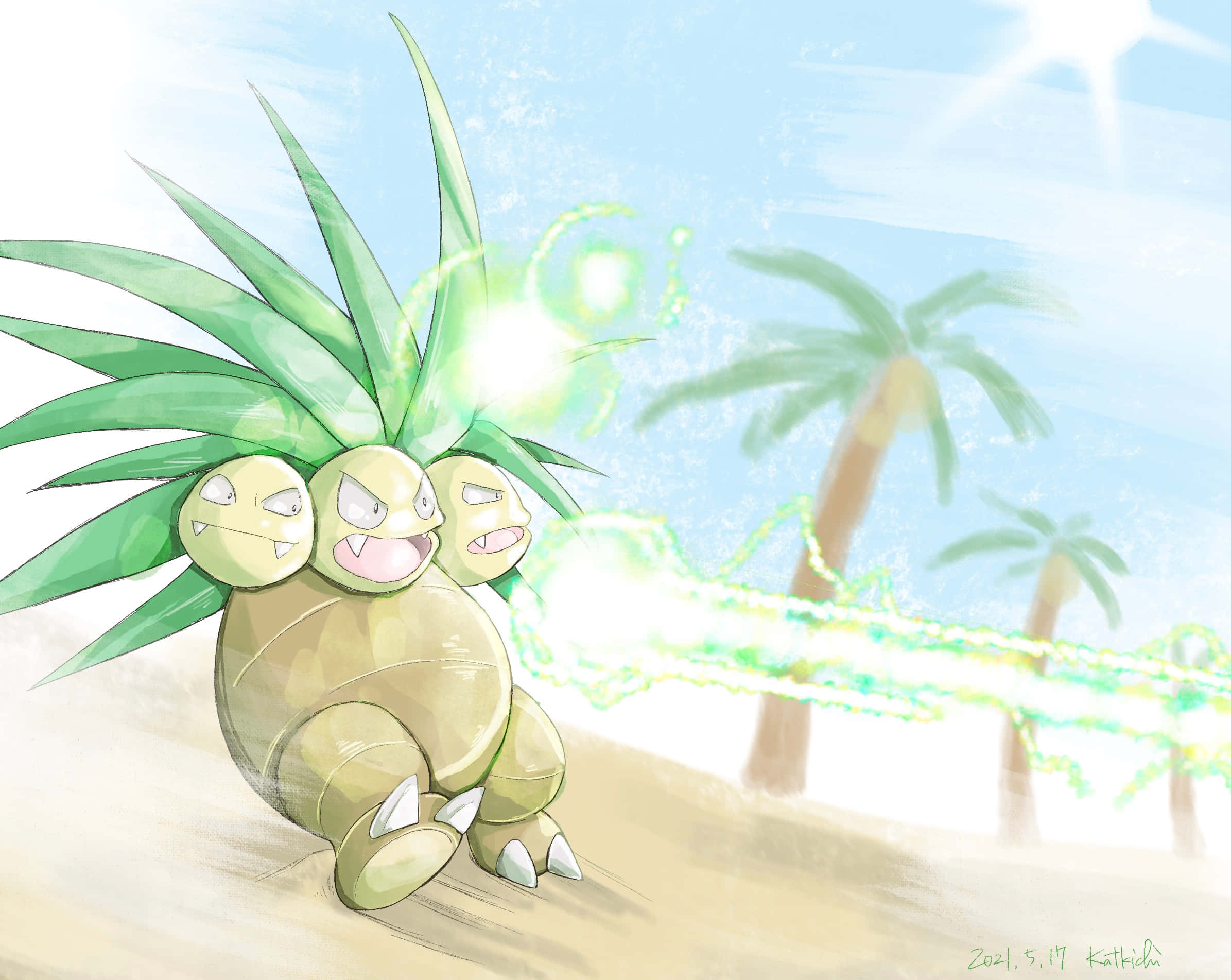 Exeggutor, three-headed turtle, green spikes, Full HD Desktop Wallpaper