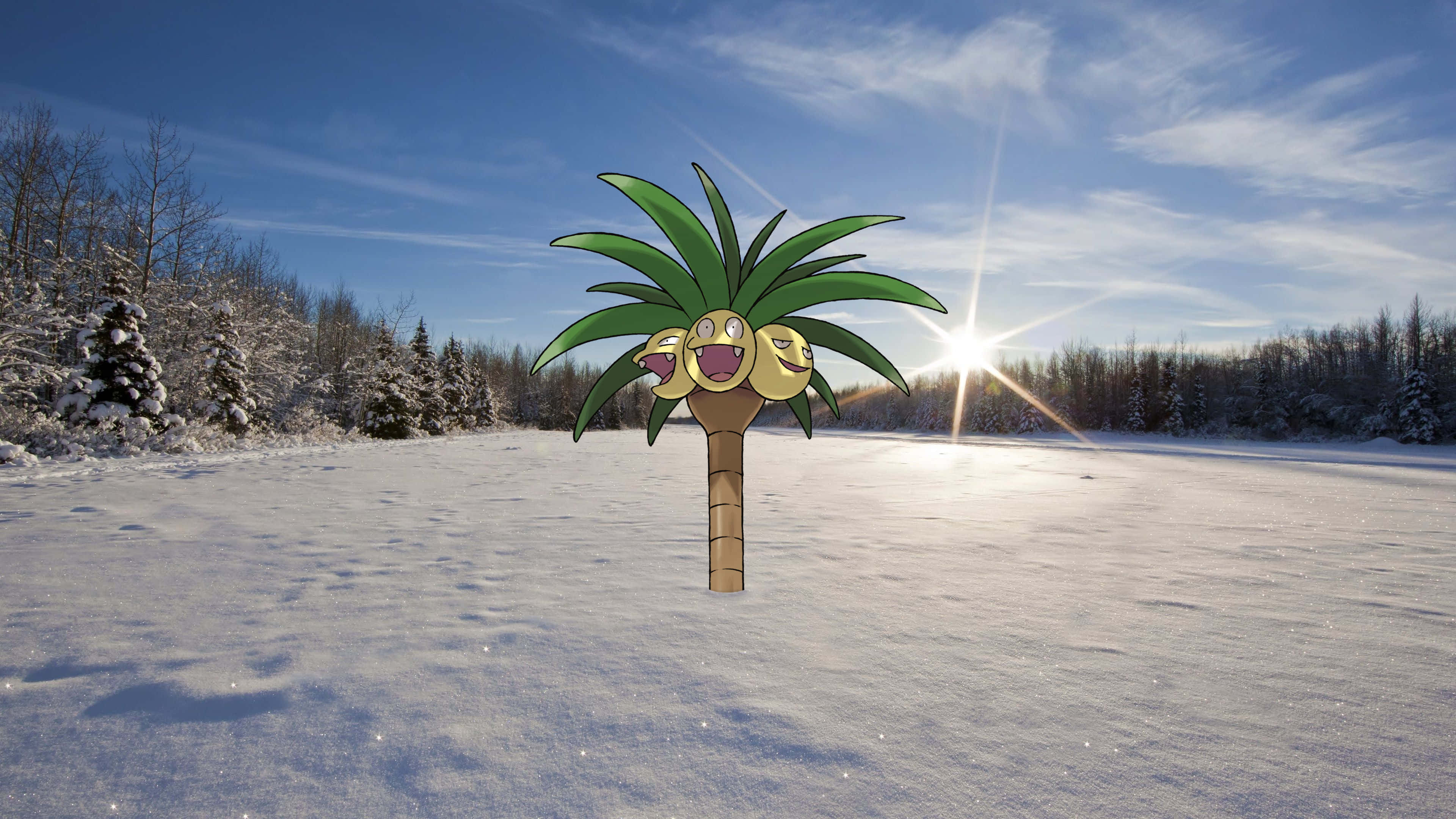 Exeggutor, snowy field, bright sun, 4K Desktop Wallpaper