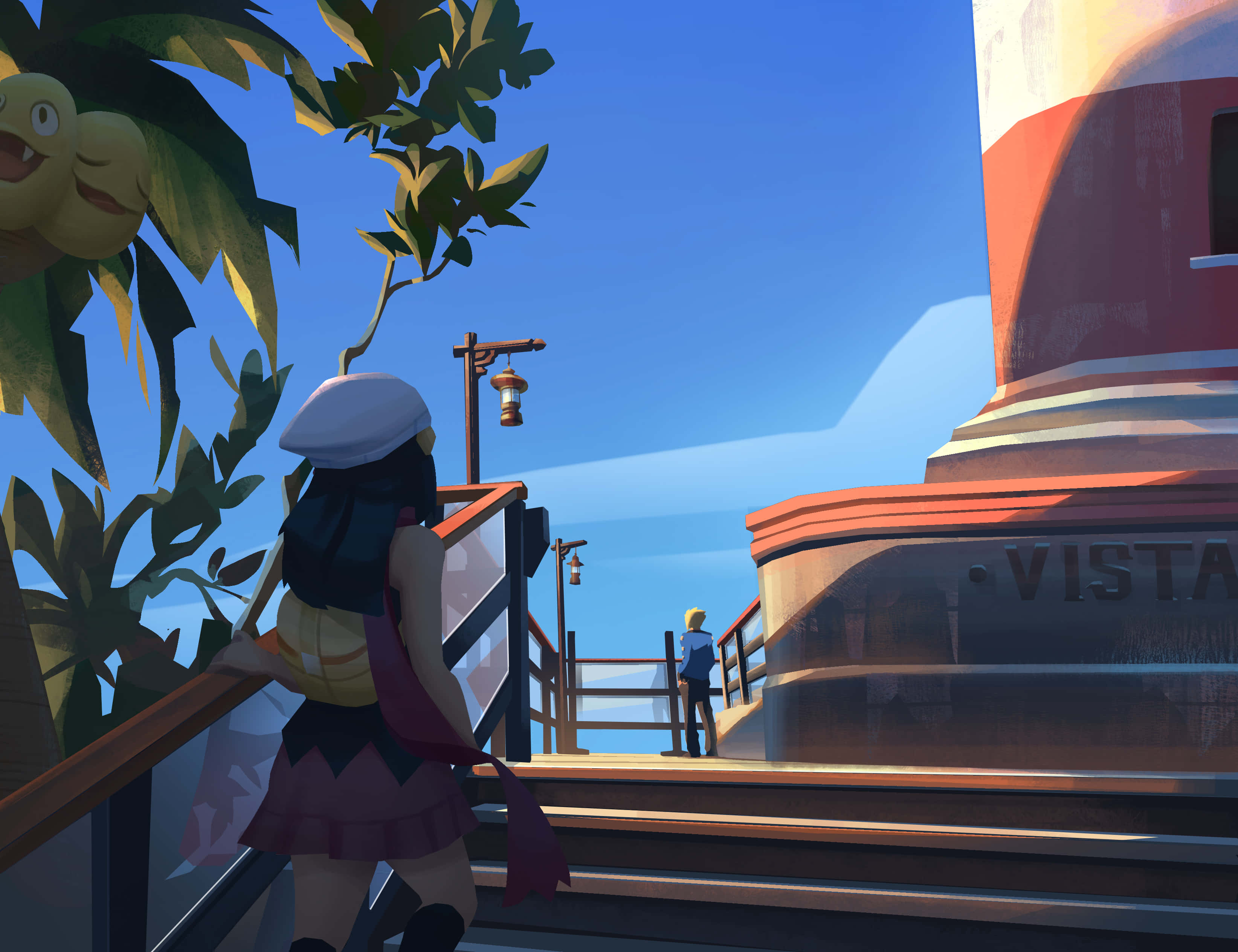 Exeggutor, sailor hat, wooden stairs, 2K Desktop Wallpaper