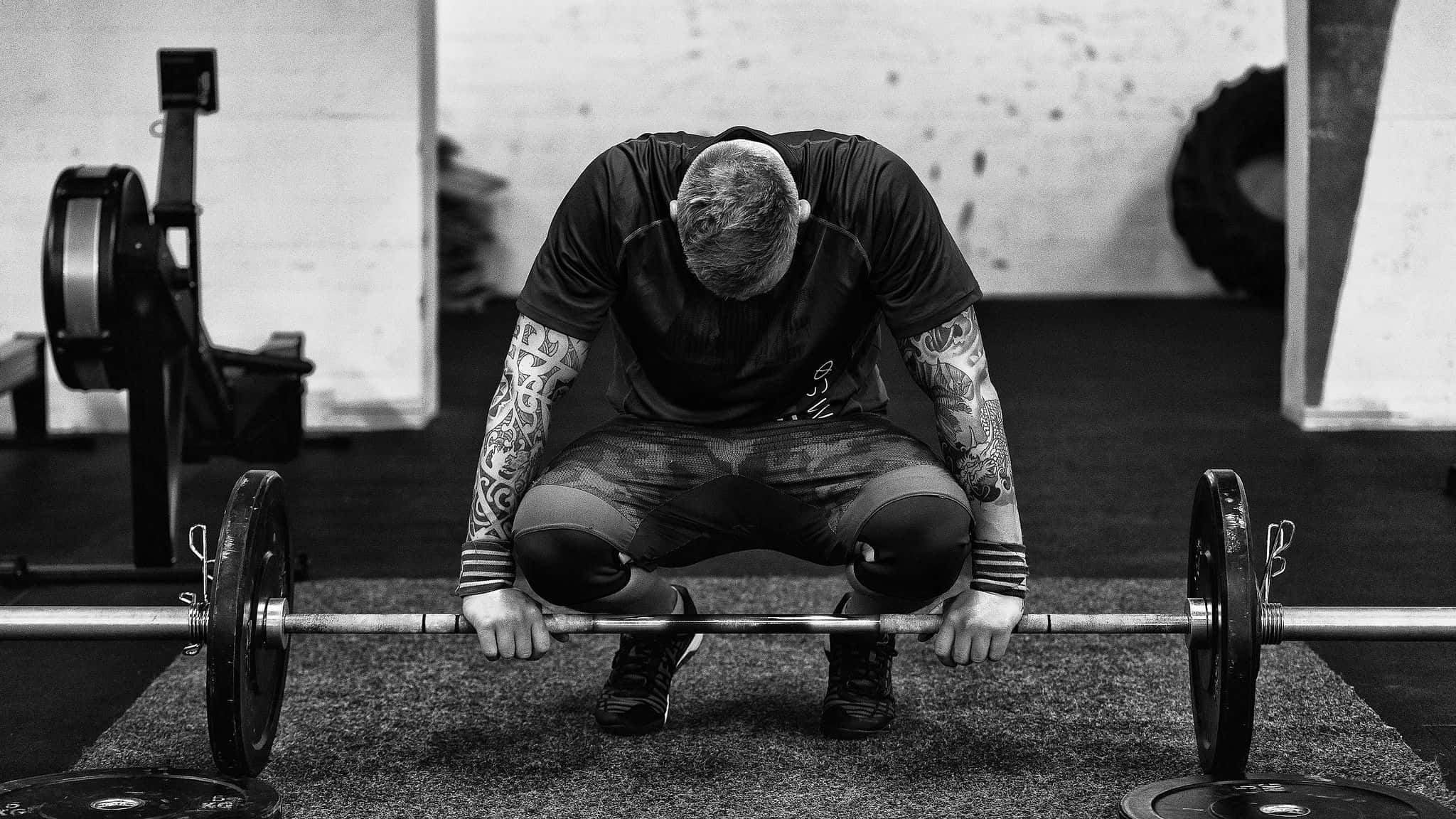 barbell, gym, tattooed man, Full HD Desktop Wallpaper
